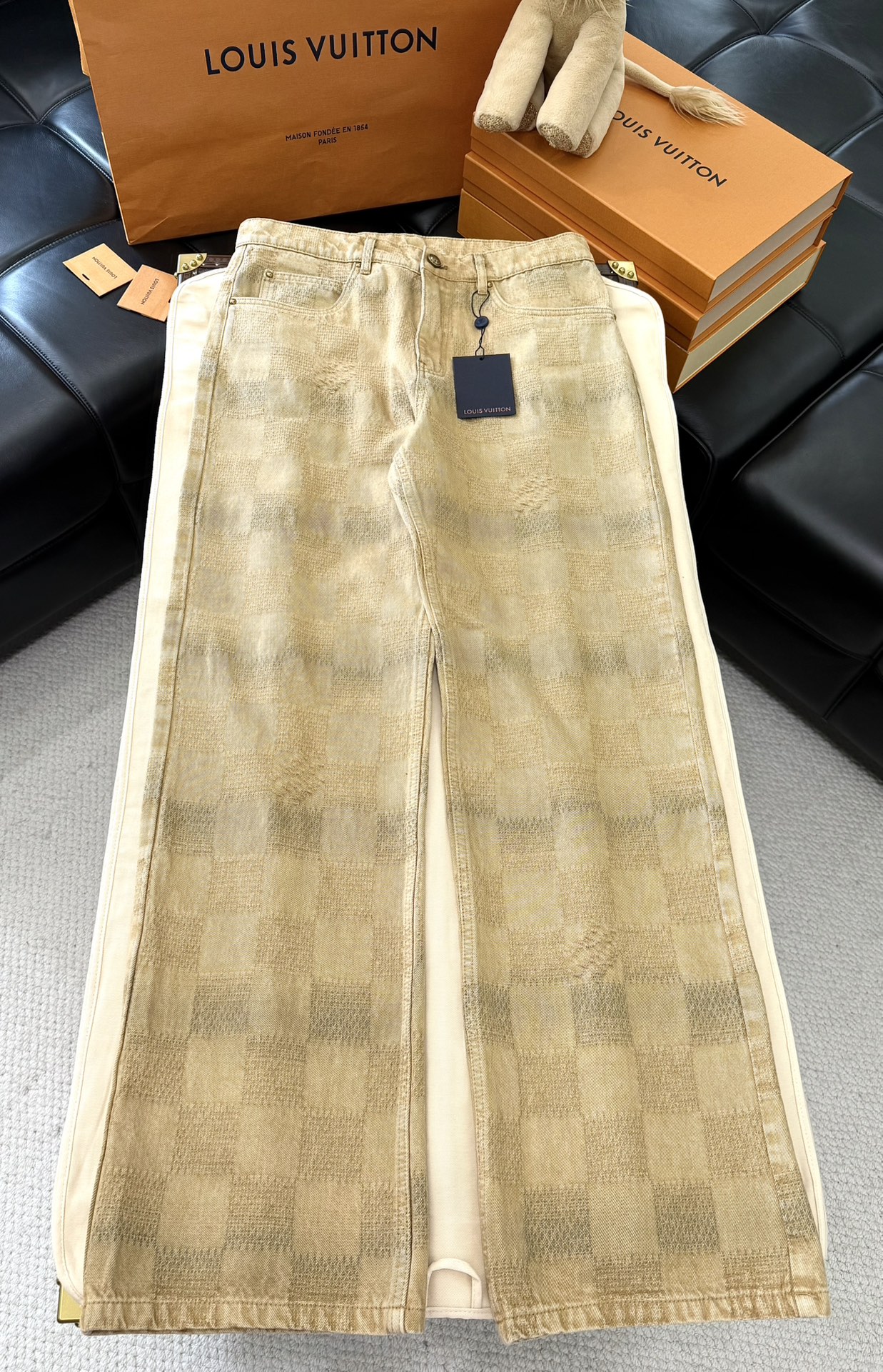 NIGO Louis Vuitton Men's Spring & Autumn Solid Color Logo Patch Checkerboard Print Mid-Rise Straight Leg Jeans Pants #nigo74335