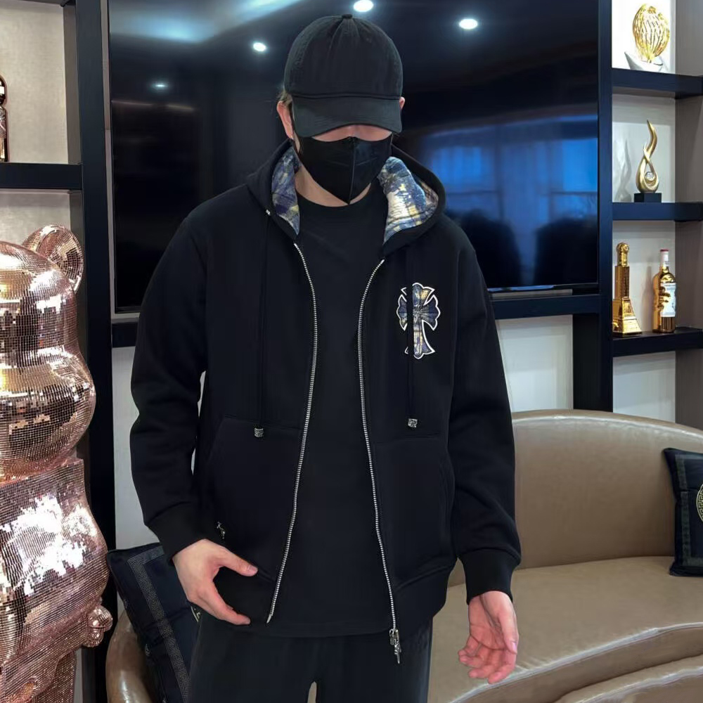 NIGO Chrome Hearts Men's Spring and Fall Black Logo Printed Zipper Long Sleeve Hooded Jacket #nigo74331