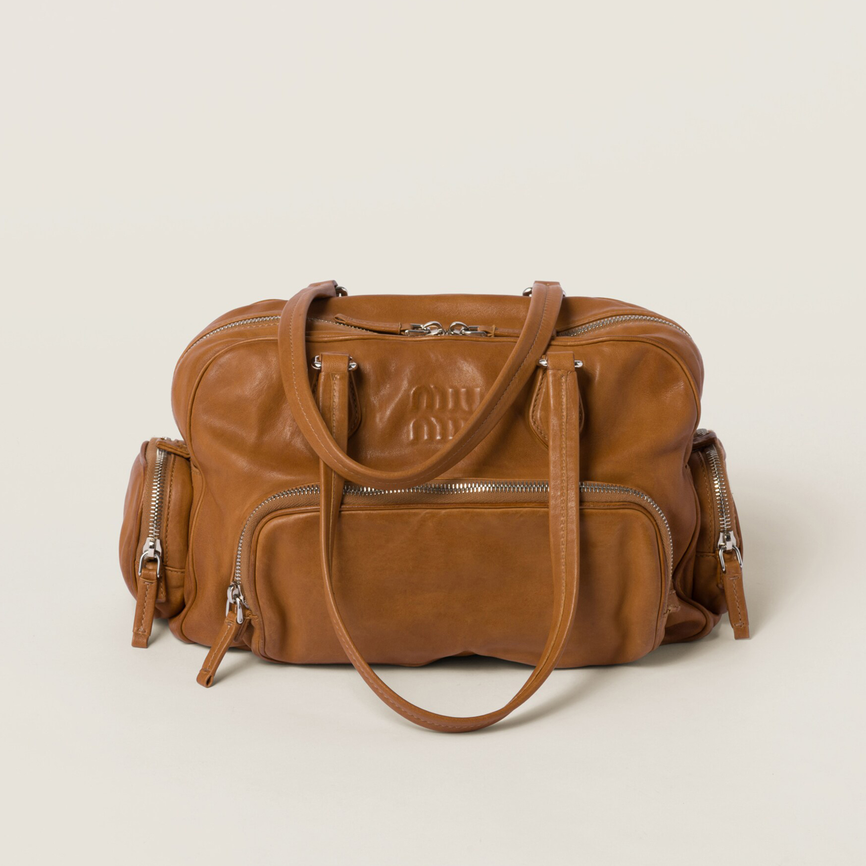 NIGO MiuMiu Women's Solid Color Embossed Engraved Logo Zipper Closure Napa Leather Shoulder Handbag Bag Bags #nigo74329