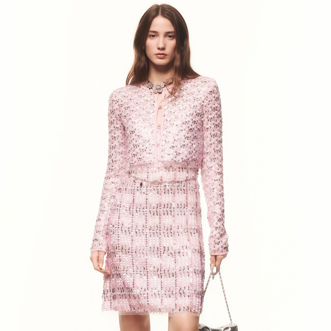 NIGO Chanel Women's Spring And Summer Sequin Design Round Neck Single-breasted Pink Long sleeved Knit Sweater Jacket Ngvp #nigo73656