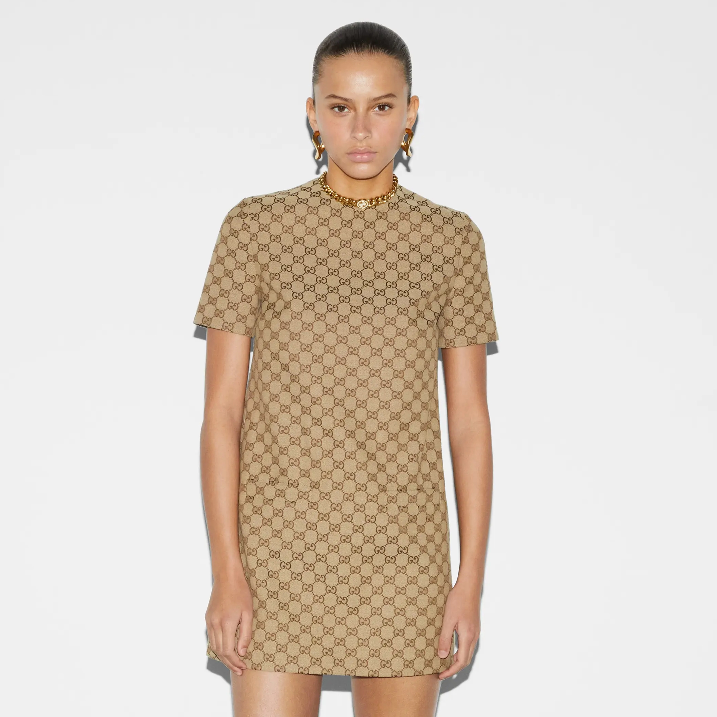 NIGO Gucci Women's Summer GG Jacquard Round Neck Canvas Short Sleeve Solid Color Fitted Dresses #nigo71756
