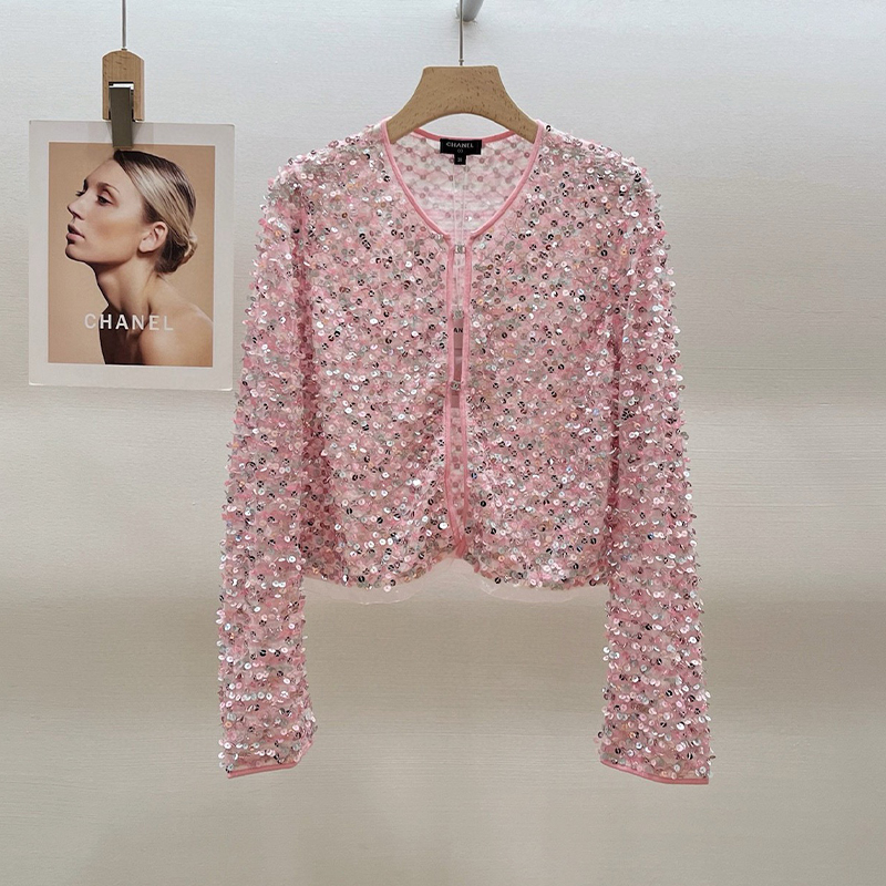 NIGO Chanel Women's Spring And Summer Sequin Design Round Neck Single-breasted Pink Long sleeved Knit Sweater Jacket Ngvp #nigo73656