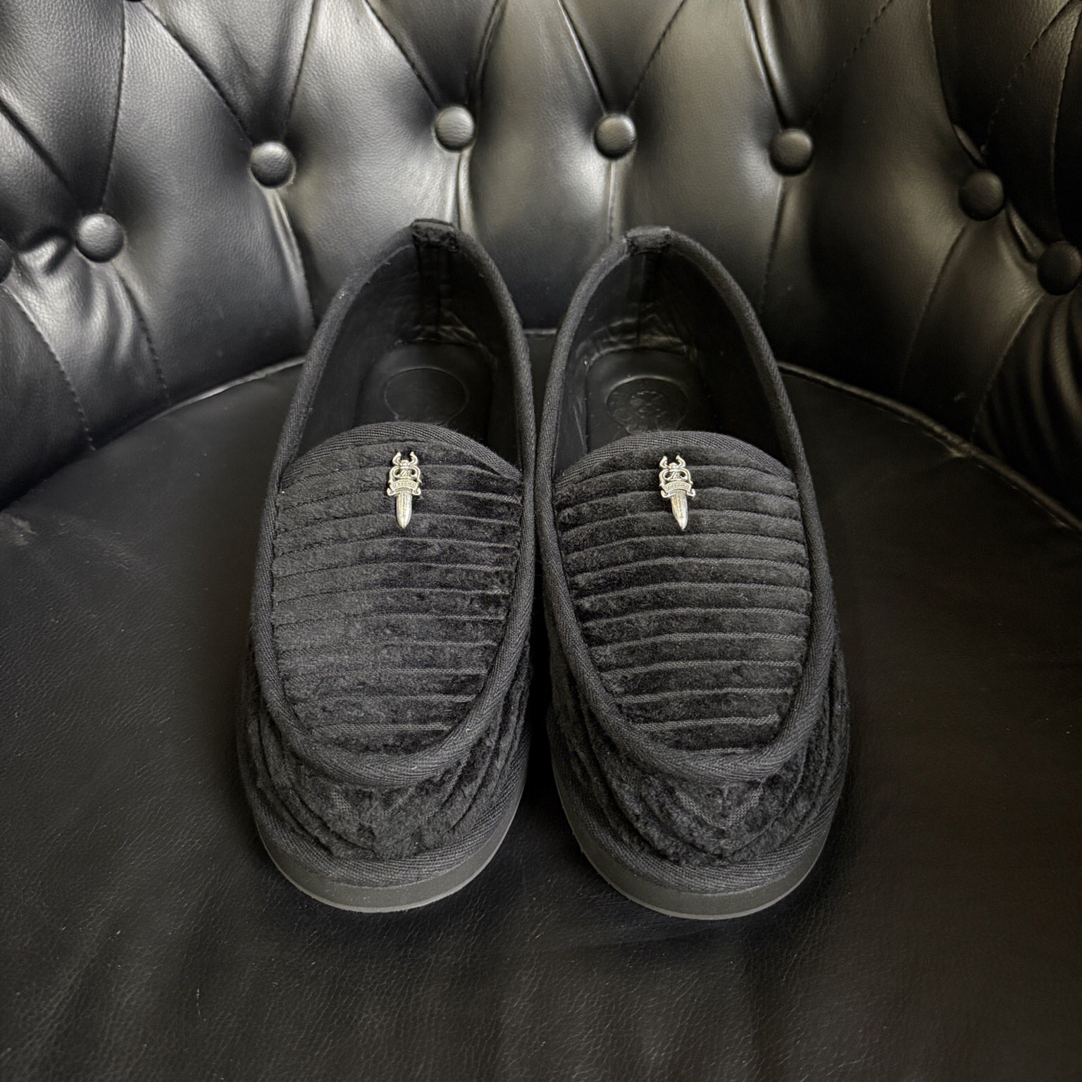 NIGO Chrome Hearts Men's and Women's Black Corduroy Patchwork Leather Retro Styling Loafers Shoes #nigo74353