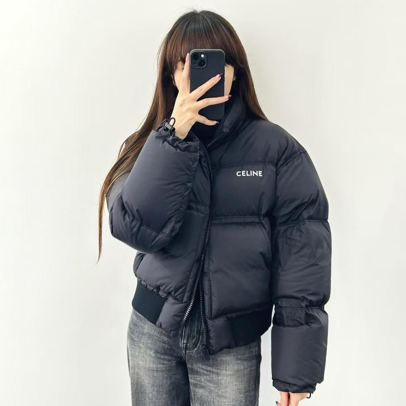 NIGO Celine Women's Autumn and Winter Solid Color Lightweight Nylon Waisted Letter Zipper Long Sleeve Cotton Coat Jacket #nigo74349