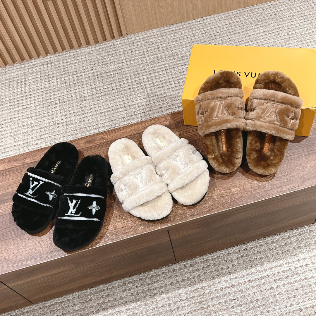 NIGO Louis Vuitton Women's Autumn and Winter Embroidered Letter Printed Wool Flat Sandal Mop Slippers Shoes #nigo74348
