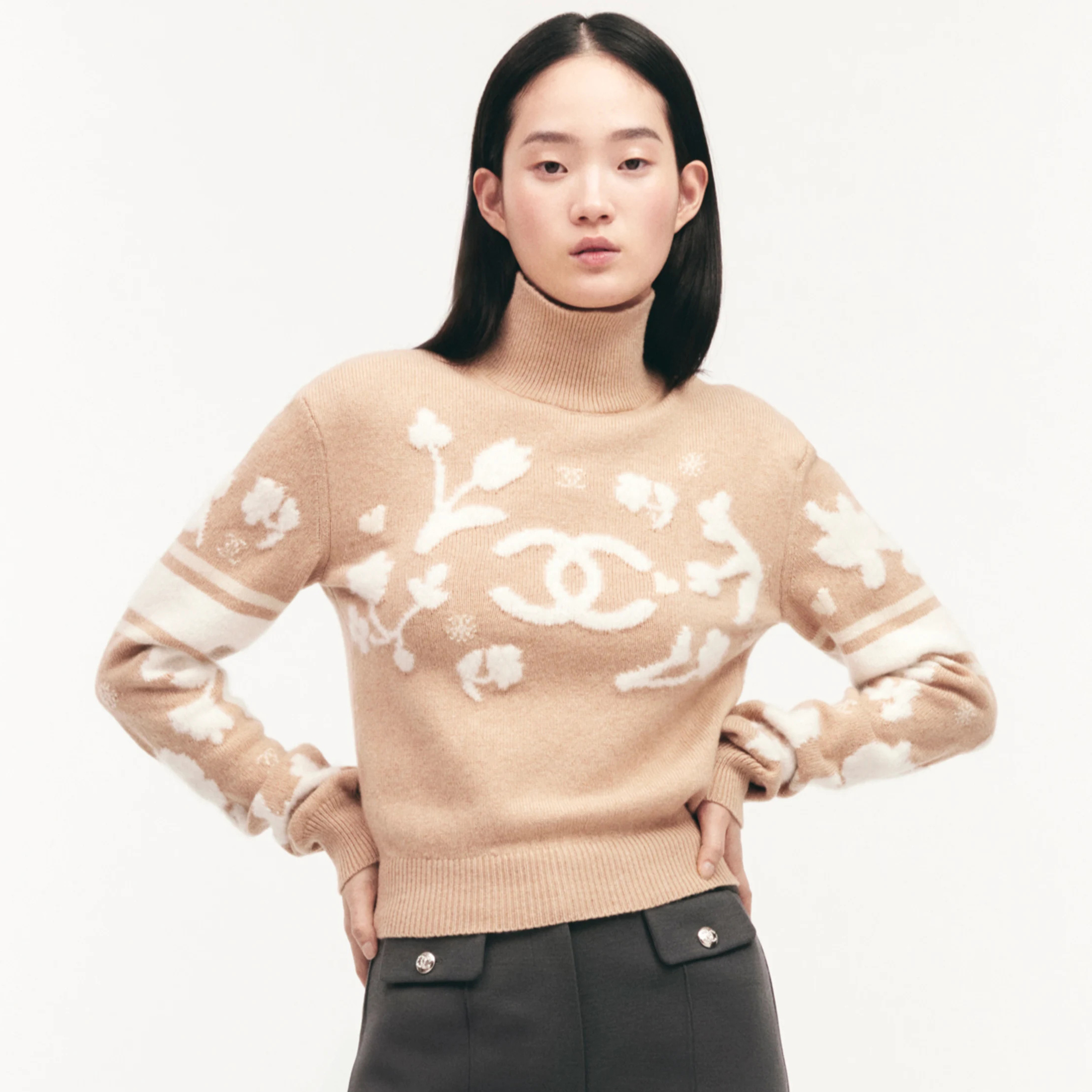 NIGO Chanel Women's Spring and Autumn Logo Printed High Neck Pullover Drop Shoulder Long Sleeve Cashmere Sweater #nigo74367