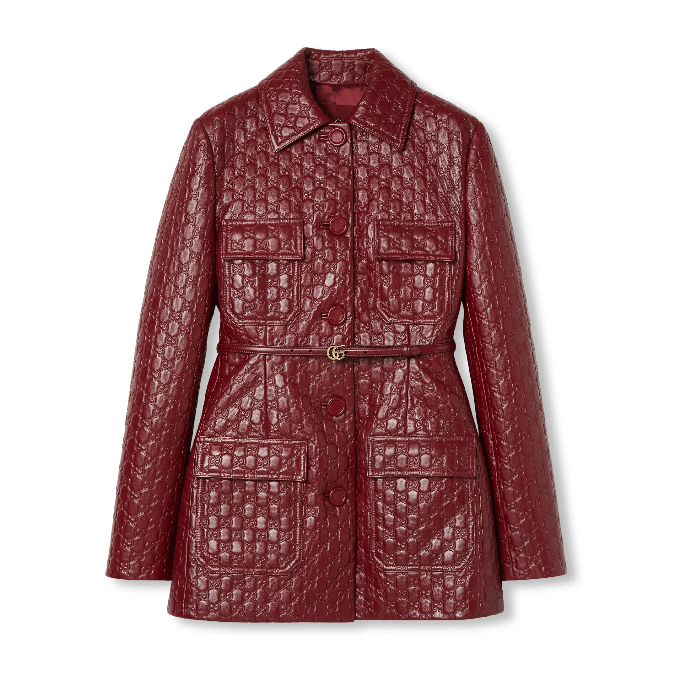 NIGO Gucci Women's Autumn and Winter Solid Color Lapel Embossed Printed Leather Mid-Length Belted Long Sleeve Jacket Coat #nigo74376