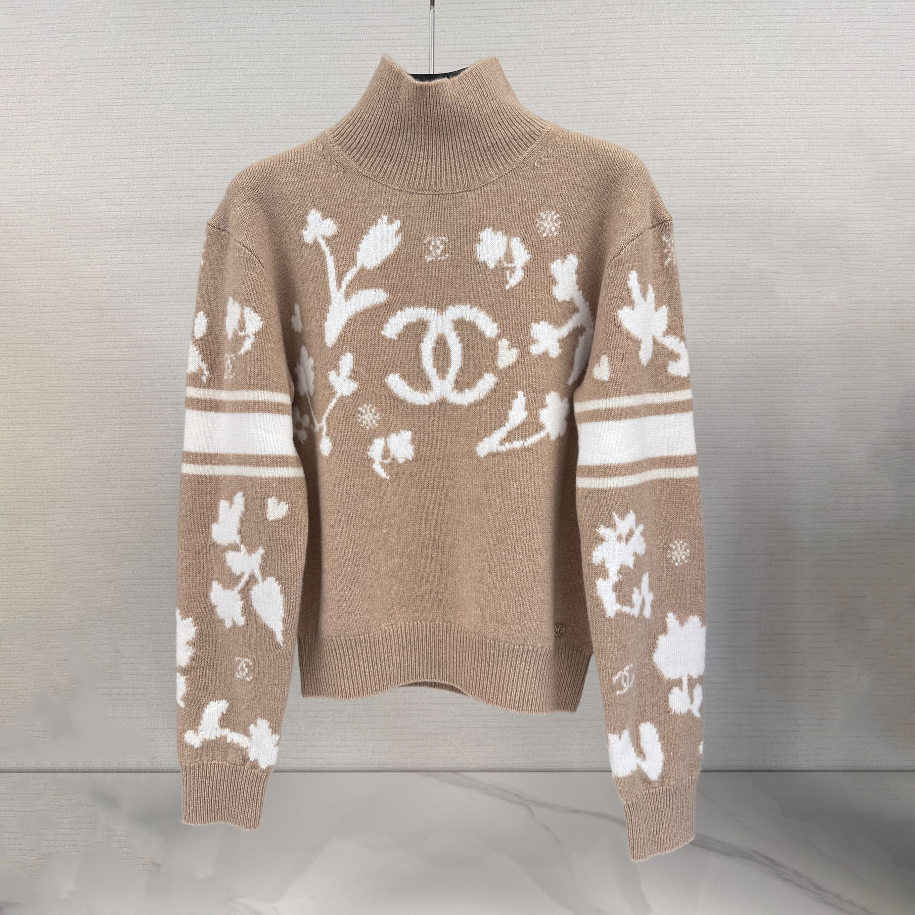 NIGO Chanel Women's Spring and Autumn Logo Printed High Neck Pullover Drop Shoulder Long Sleeve Cashmere Sweater #nigo74367