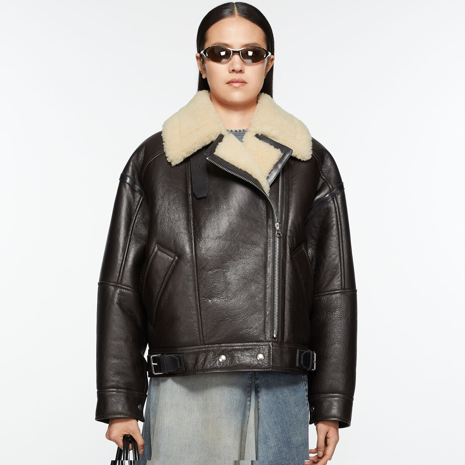 NIGO Acne Studios Women's Autumn and Winter Solid Color Leather Lamb Fur Lapel Biker Zipper Long Sleeve Jacket #nigo74379