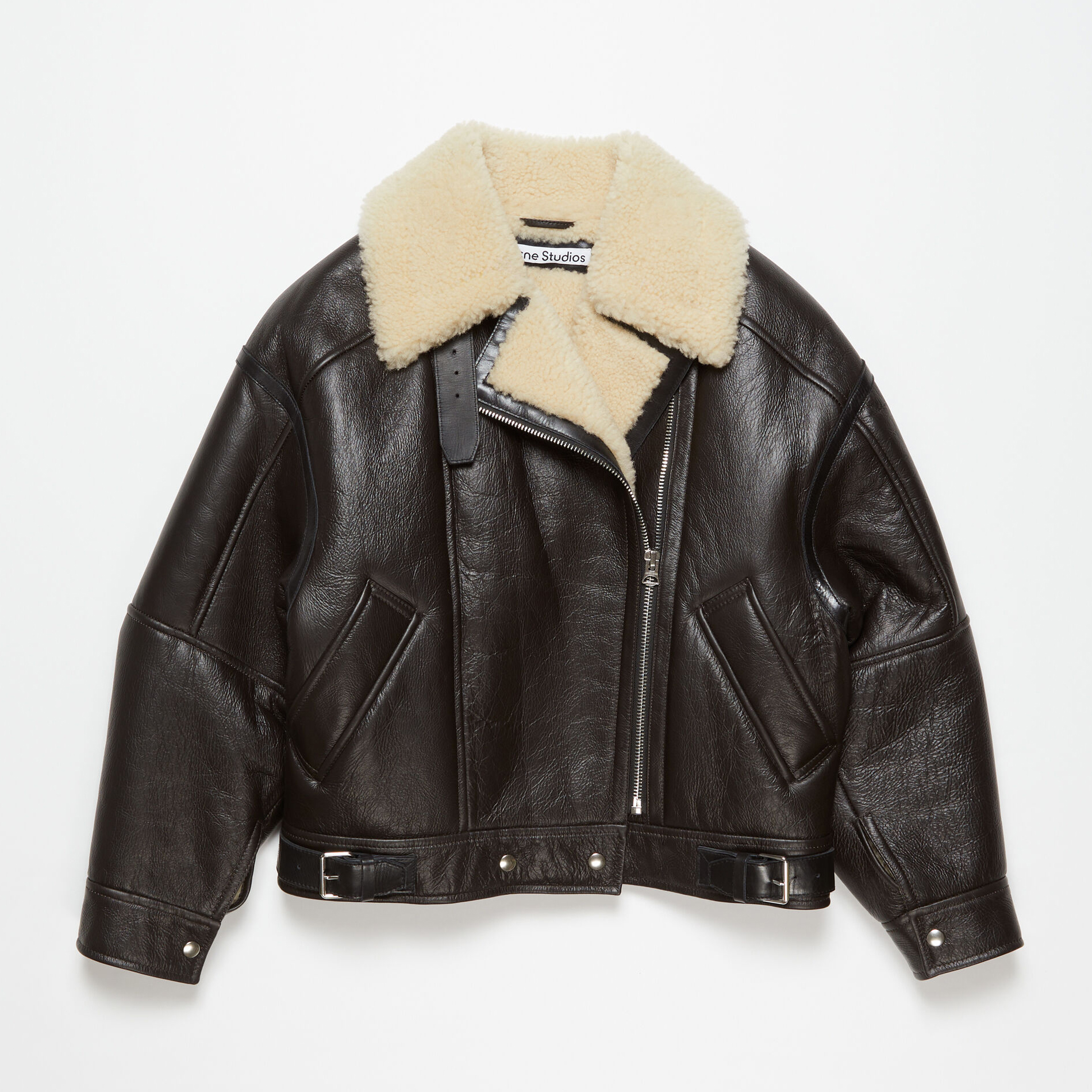 NIGO Acne Studios Women's Autumn and Winter Solid Color Leather Lamb Fur Lapel Biker Zipper Long Sleeve Jacket #nigo74379