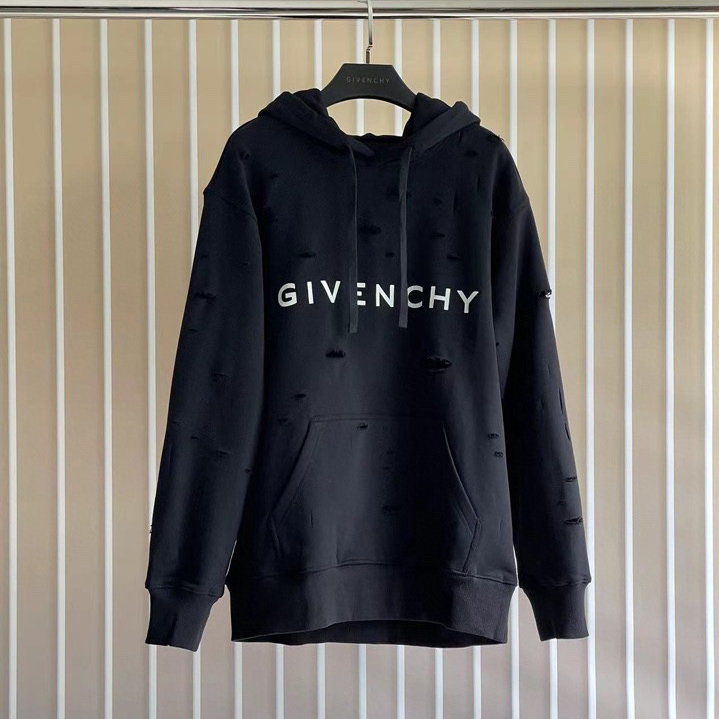 NIGO Givenchy Men's Spring and Autumn Solid Color Logo Letter Printed Torn and Old Drawstring Hooded Sweatshirt #nigo74381