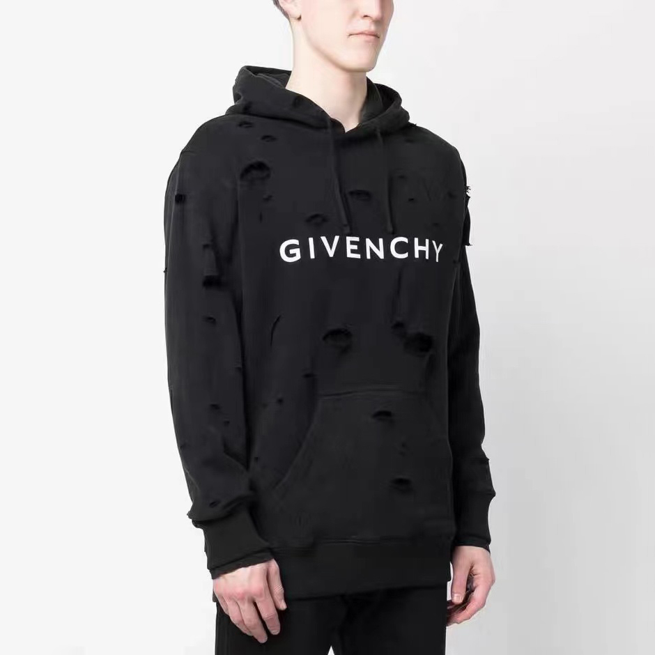NIGO Givenchy Men's Spring and Autumn Solid Color Logo Letter Printed Torn and Old Drawstring Hooded Sweatshirt #nigo74381