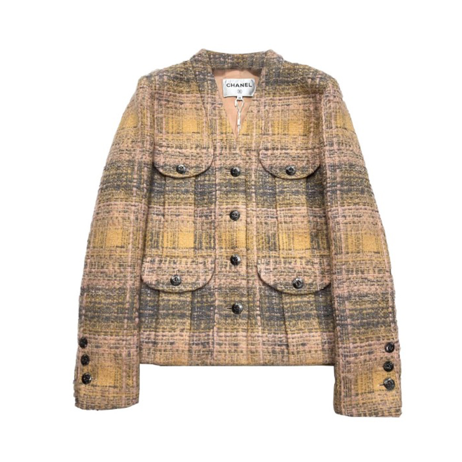 NIGO Chanel Women's Cotton & Wool Tweed V-Neck Spring Check Single Breasted Fitted Long Sleeve Jacket Coat Ngvp #nigo9658