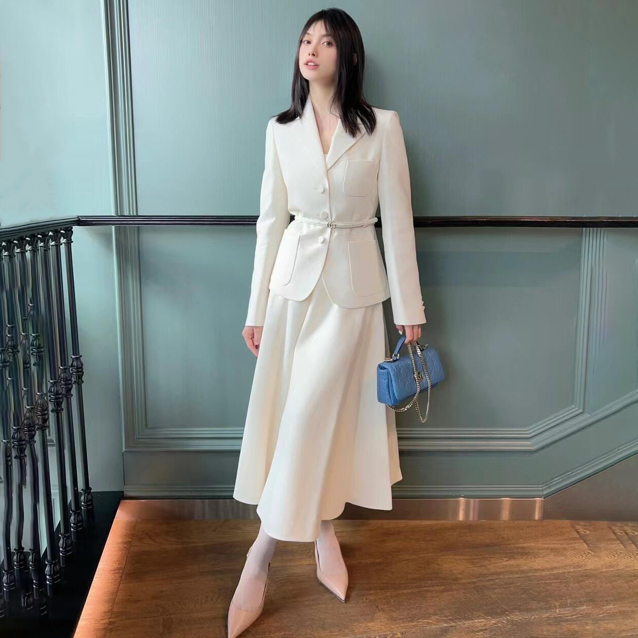 NIGO Gucci Women's Spring And Summer Solid Color Wool Single Breasted Drawstring Waist Long Sleeved Blazer Jacket Jacket Casual Half Body Skirt Set Suit #nigo74419