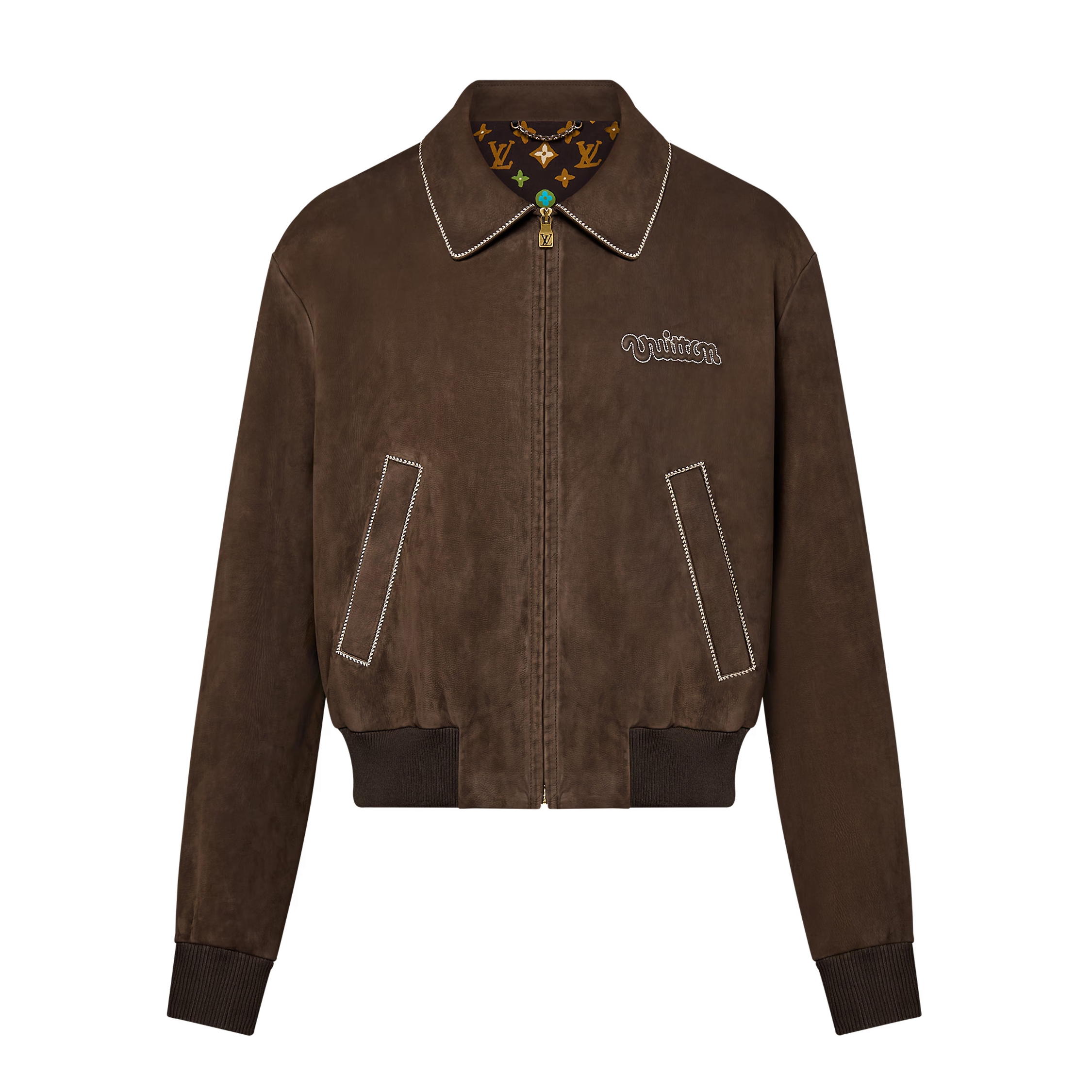 NIGO Louis Vuitton Men's Fall and WinterBrown Letter Zipper Lapel Cowhide LeatherCasual Pilot Long Sleeve Jacket #nigo74398