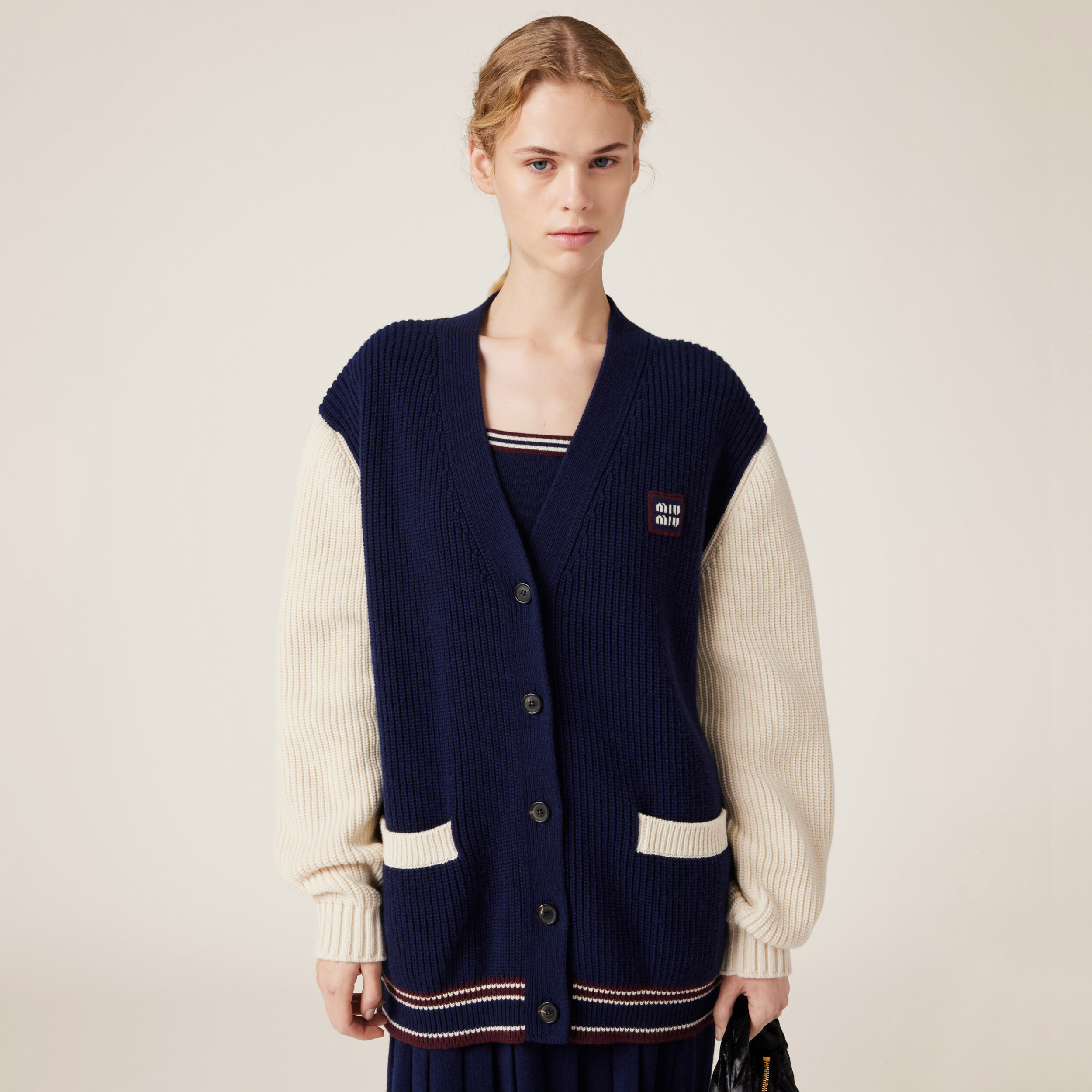 NIGO MiuMiu Women's Spring And Fall V-neck Blue And White Blended Knit Single Breasted Cashmere Sweater Jacket #nigo74428