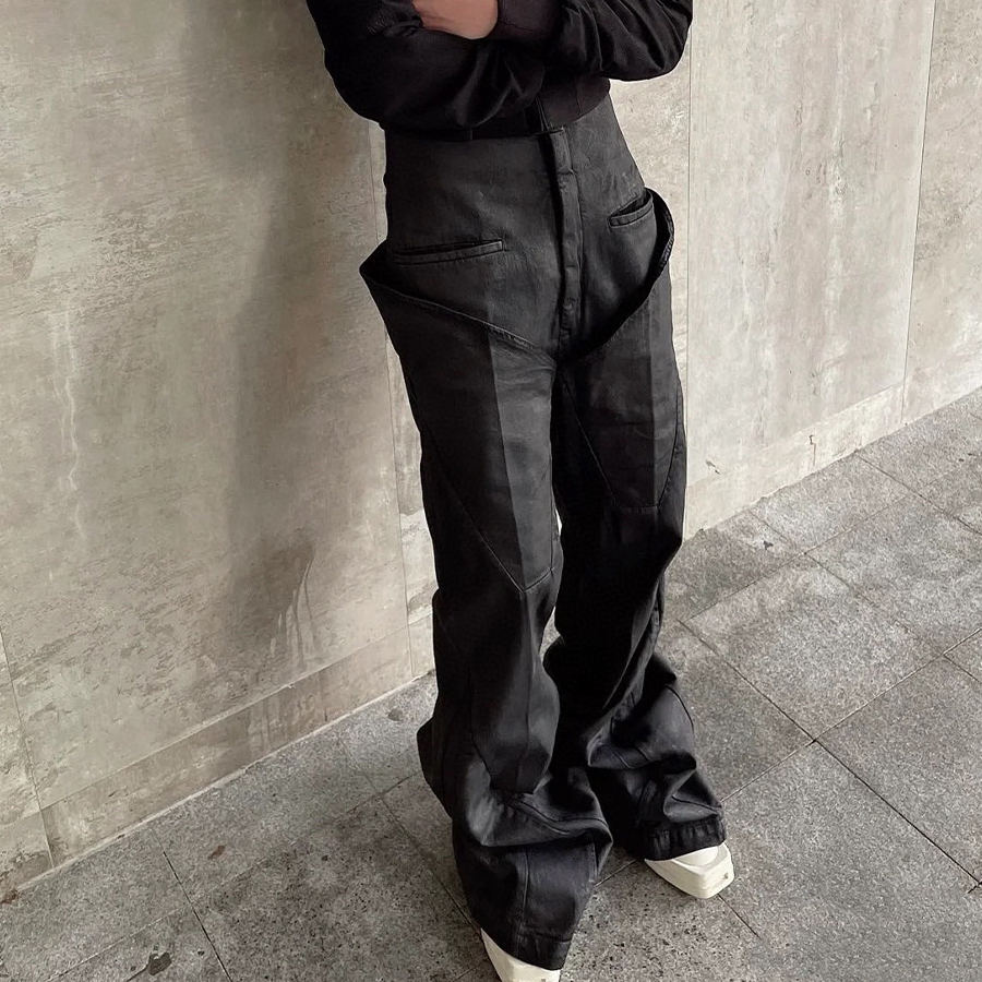 NIGO Rick Owens Men's Women's Four Seasons Solid Color Waxed High Waist Wide Leg Pants Casual Denim Flare Pants Ngvp #nigo9666