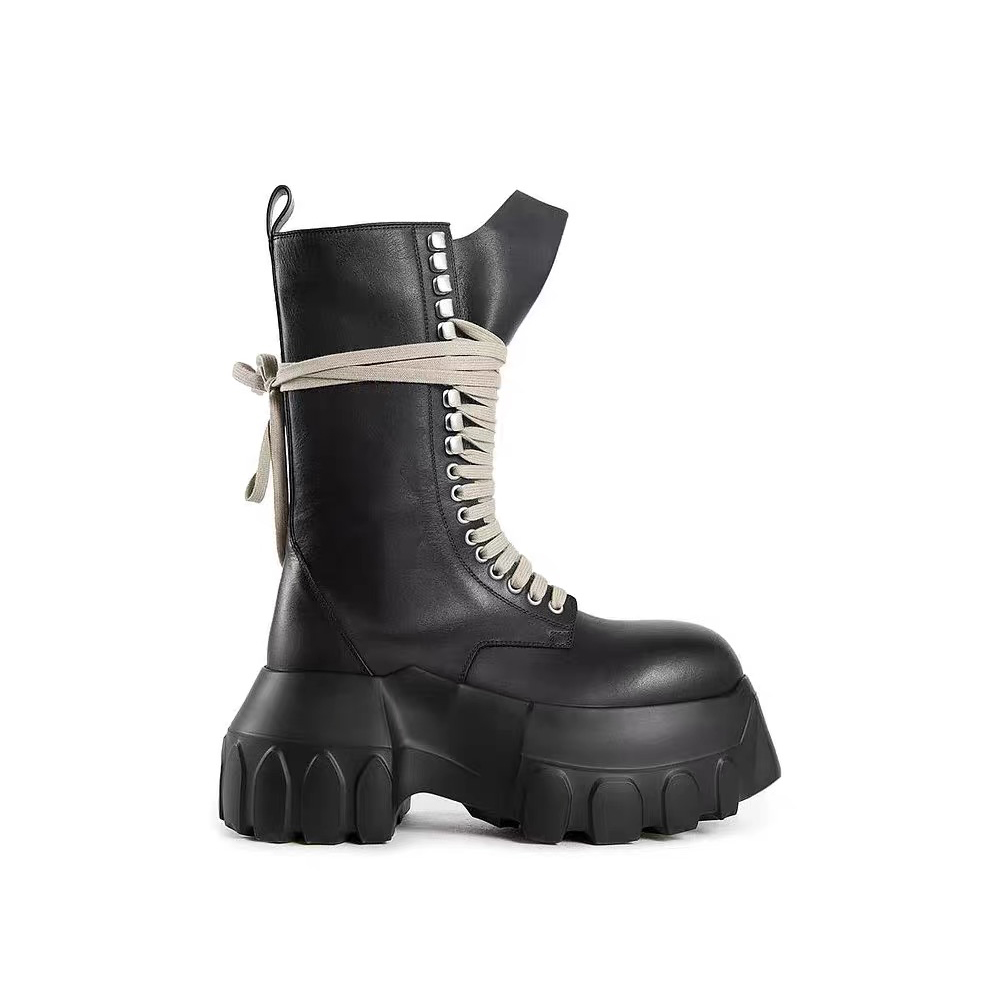 NIGO Rick Owens Men's Women's Autumn And Winter Round Toe Side Zipper Tie Black High Top Boots Cowhide Casual Shoes Ngvp #nigo9667