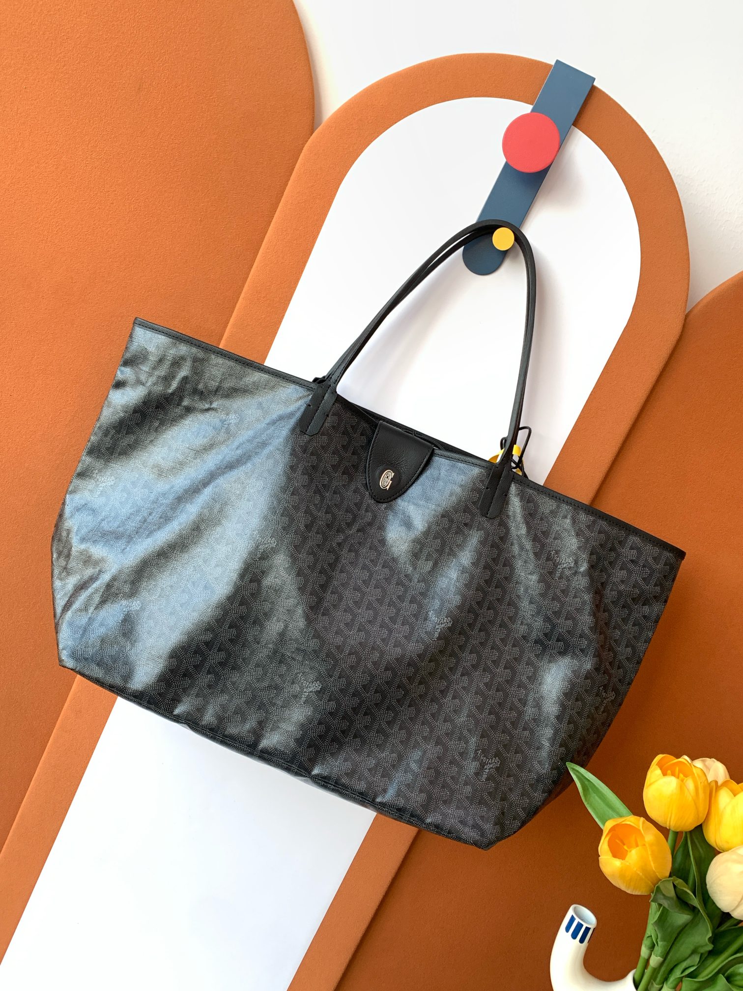 NIGO GOYARD Women's Classic Old Flower Black Large Capacity Canvas Puzzle Leather Shopping Bag Shoulder Bags #nigo74435