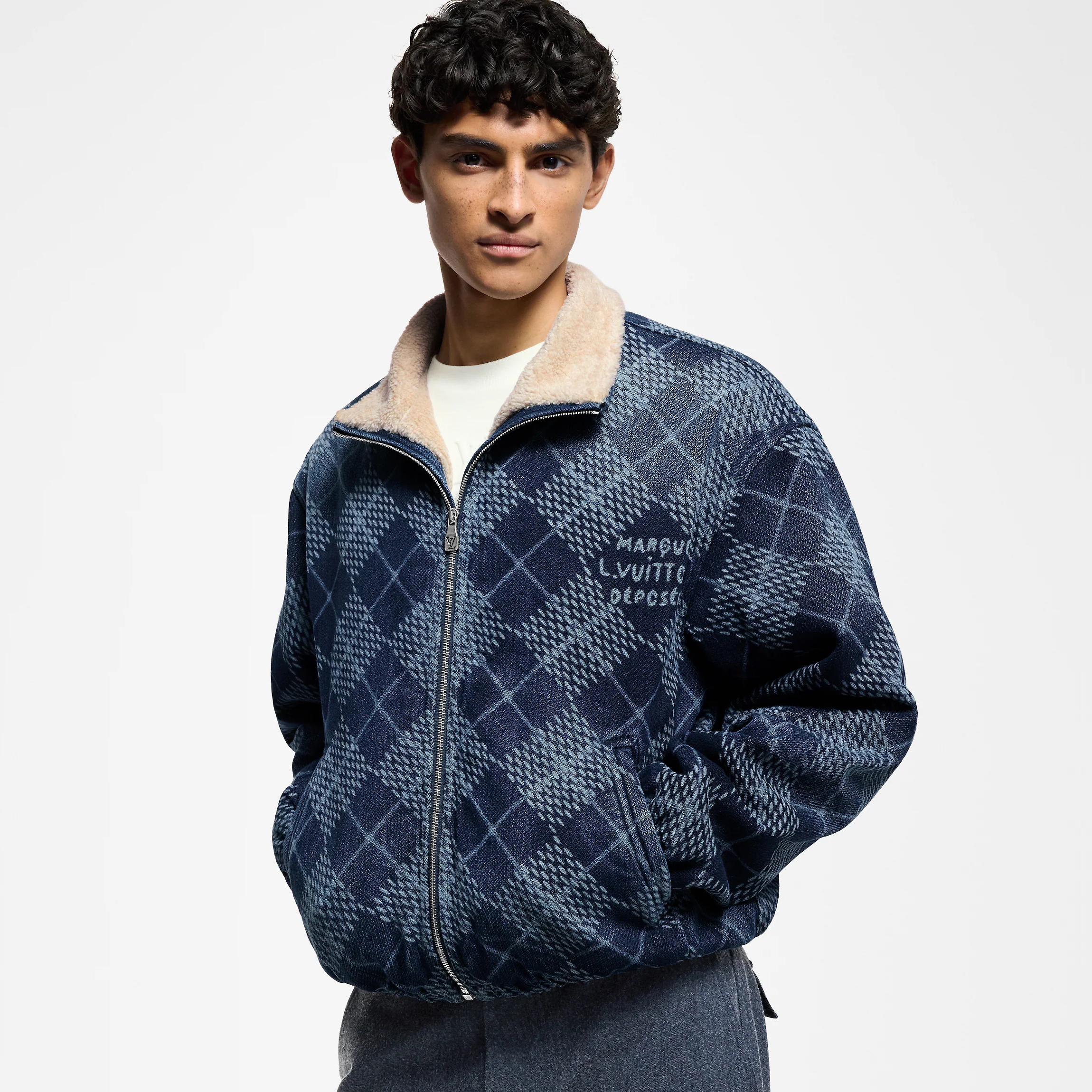 NIGO Louis Vuitton Men's Fall/Winter Blue Checkered Printed Denim Fabric Cashmere Lined Zipper Long Sleeve Jacket #nigo74439