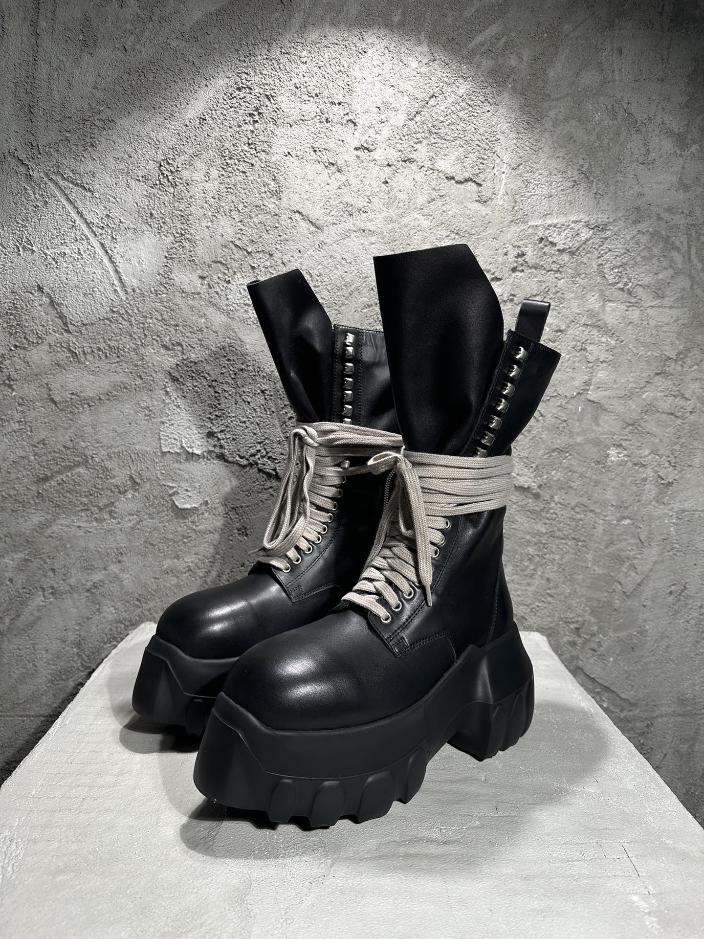 NIGO Rick Owens Men's Women's Autumn And Winter Round Toe Side Zipper Tie Black High Top Boots Cowhide Casual Shoes Ngvp #nigo9667