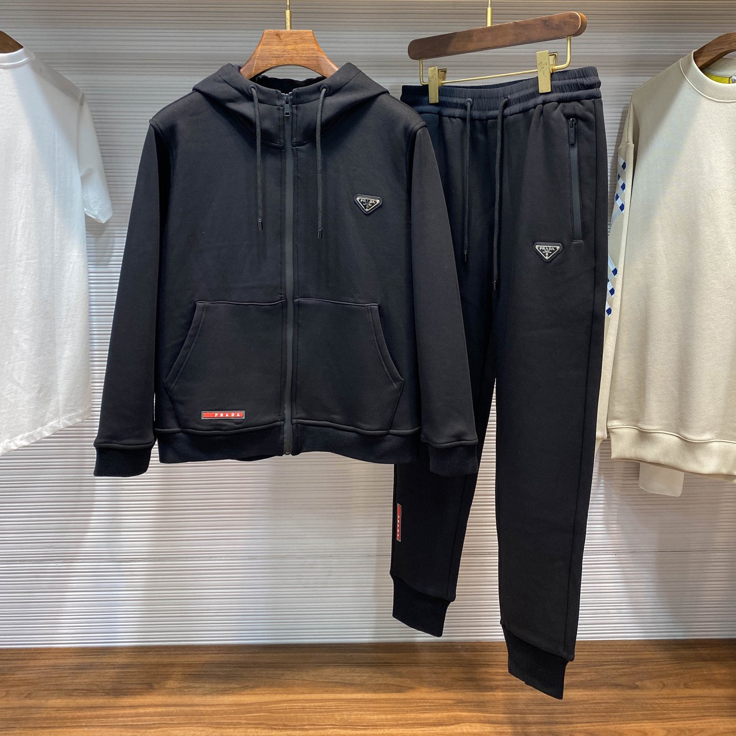 NIGO Prada Men's Spring and Autumn Solid Color Knitted Cotton Padded Hooded Zipper Jacket Drawstring Drawstring Sweatpants Pants Suit Set #nigo74438