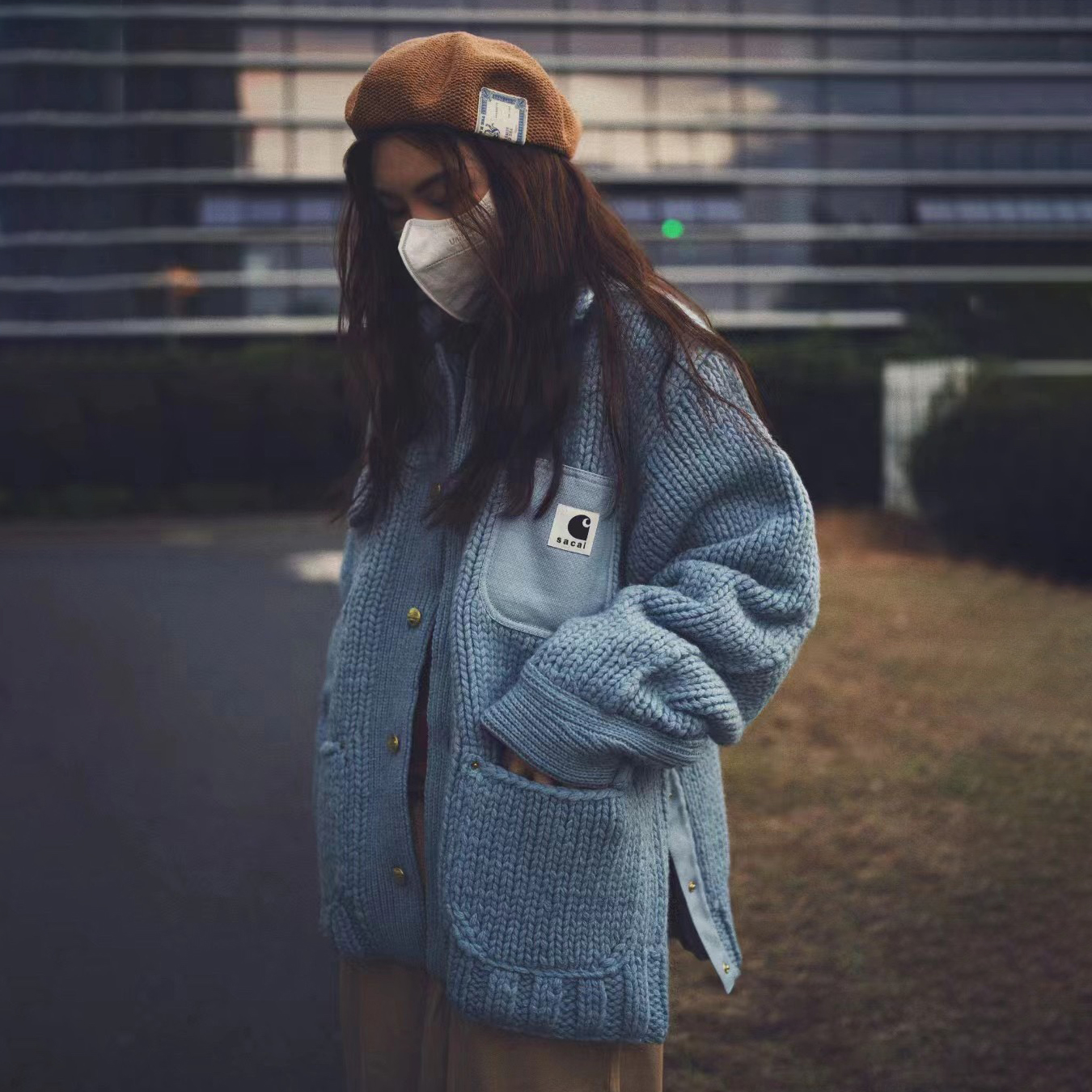 NIGO Sacai X Carhartt WIP Men's And Women's Autumn And Winter Solid Color Lapel Multi Pocket Long Sleeved Knitted Single Breasted Jacket #nigo74452