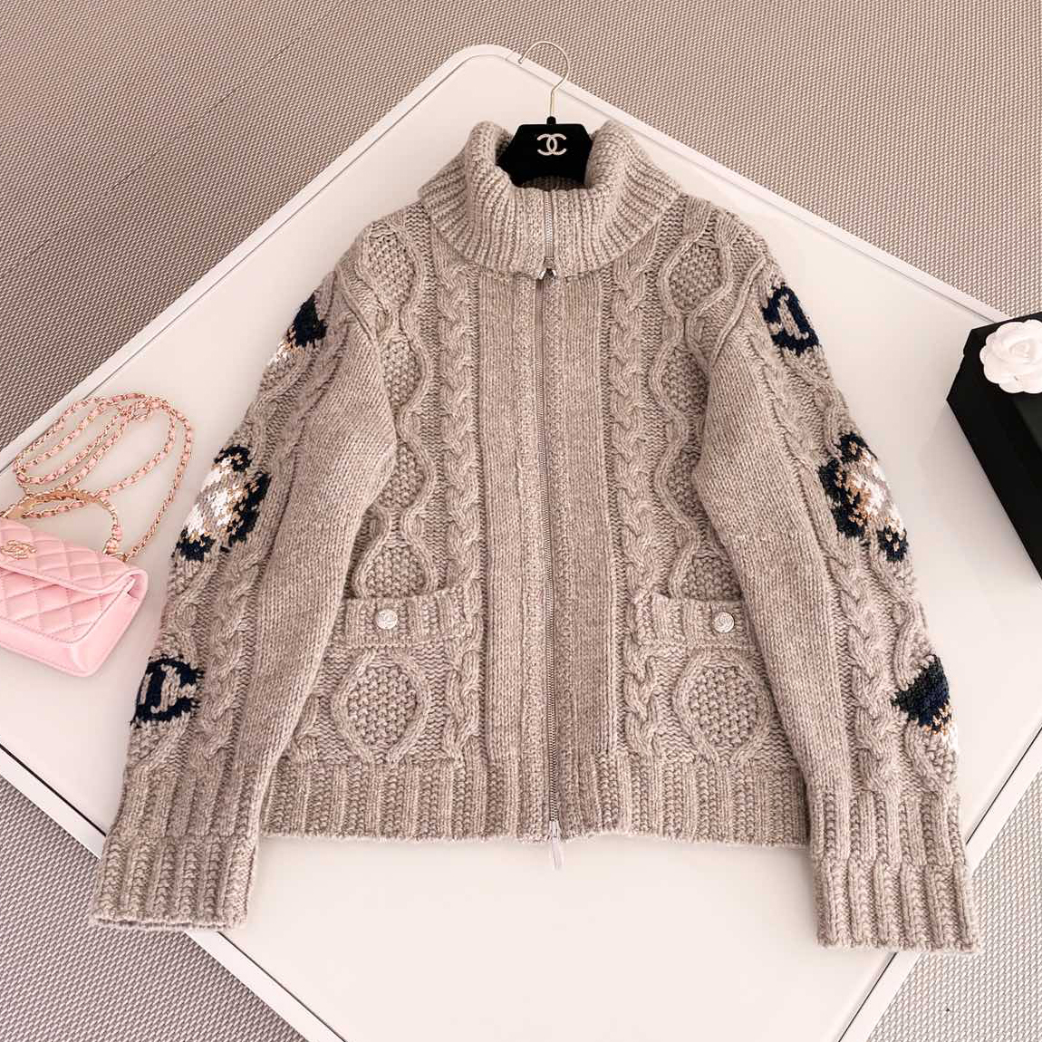 NIGO Chanel Women's Spring and Autumn Solid Color Knit Lapel Wool Long Sleeve Zipper Jacket #nigo74472