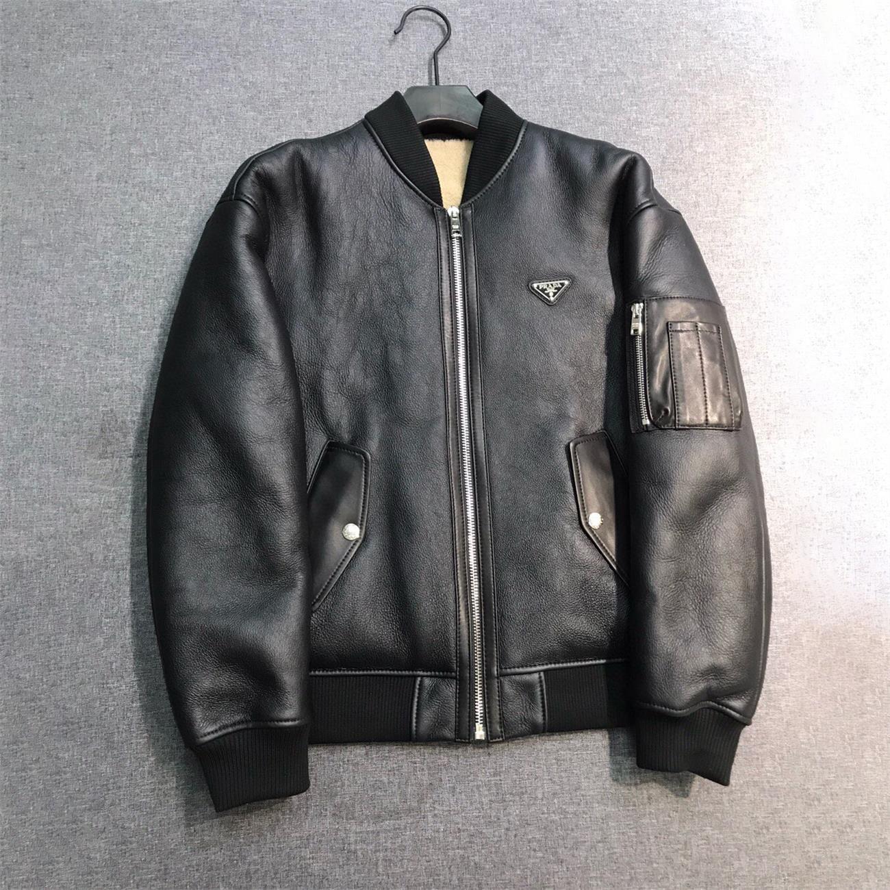 NIGO Prada Men's Autumn And Winter Leather Solid Color Casual Lapel Wool Lining Long Sleeve Zipper Jacket #nigo74484