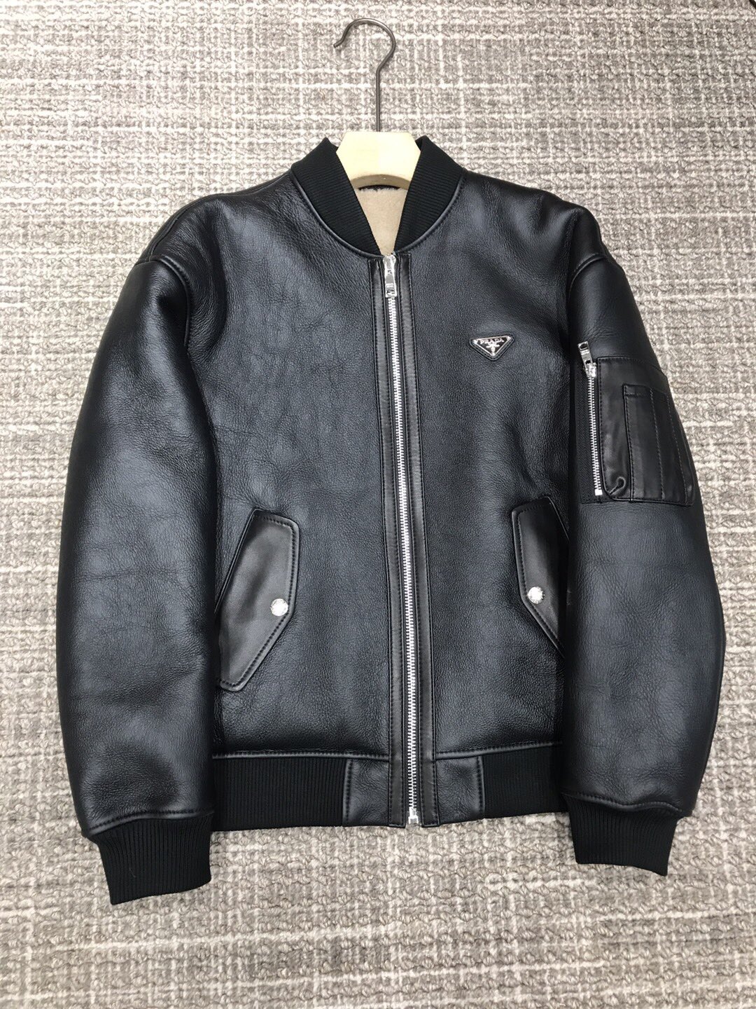 NIGO Prada Men's Autumn And Winter Leather Solid Color Casual Lapel Wool Lining Long Sleeve Zipper Jacket #nigo74484