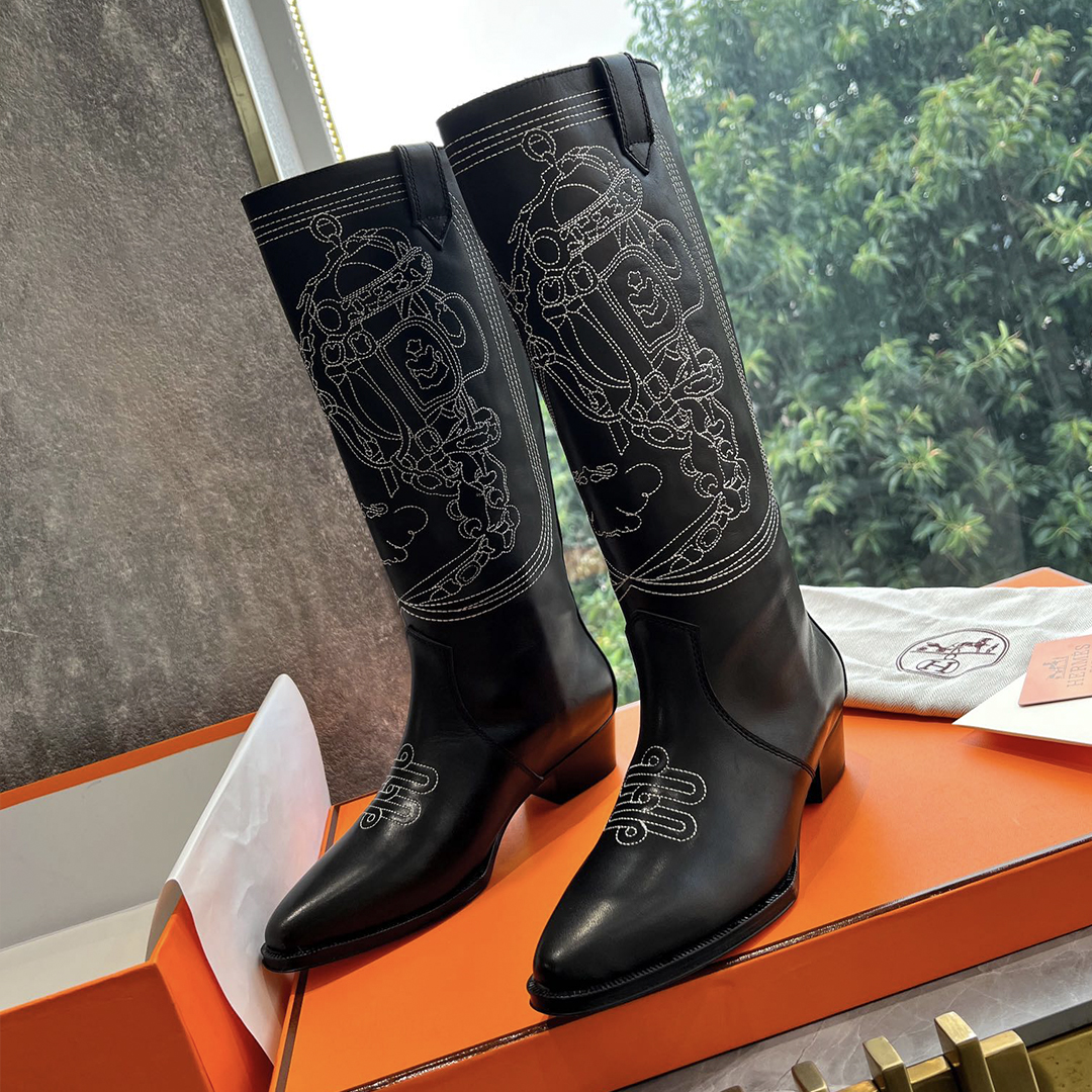 NIGO Hermes Jumping Boot Luxury Embroidery Cowhide Women's Boots Patchwork Leather Buckle Exquisite Elegant Boots Autumn Winter Shoes #nigo71774