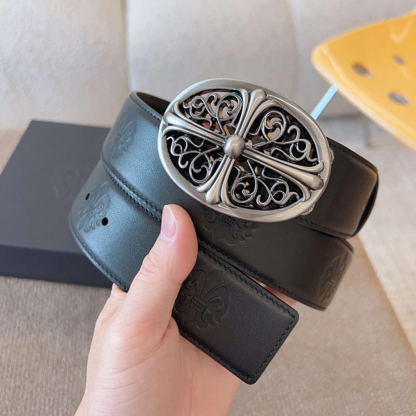 NIGO Chrome Hearts Men's and Women's Black Logo Logo Leather Strap 4cm Wide Belt #nigo73818