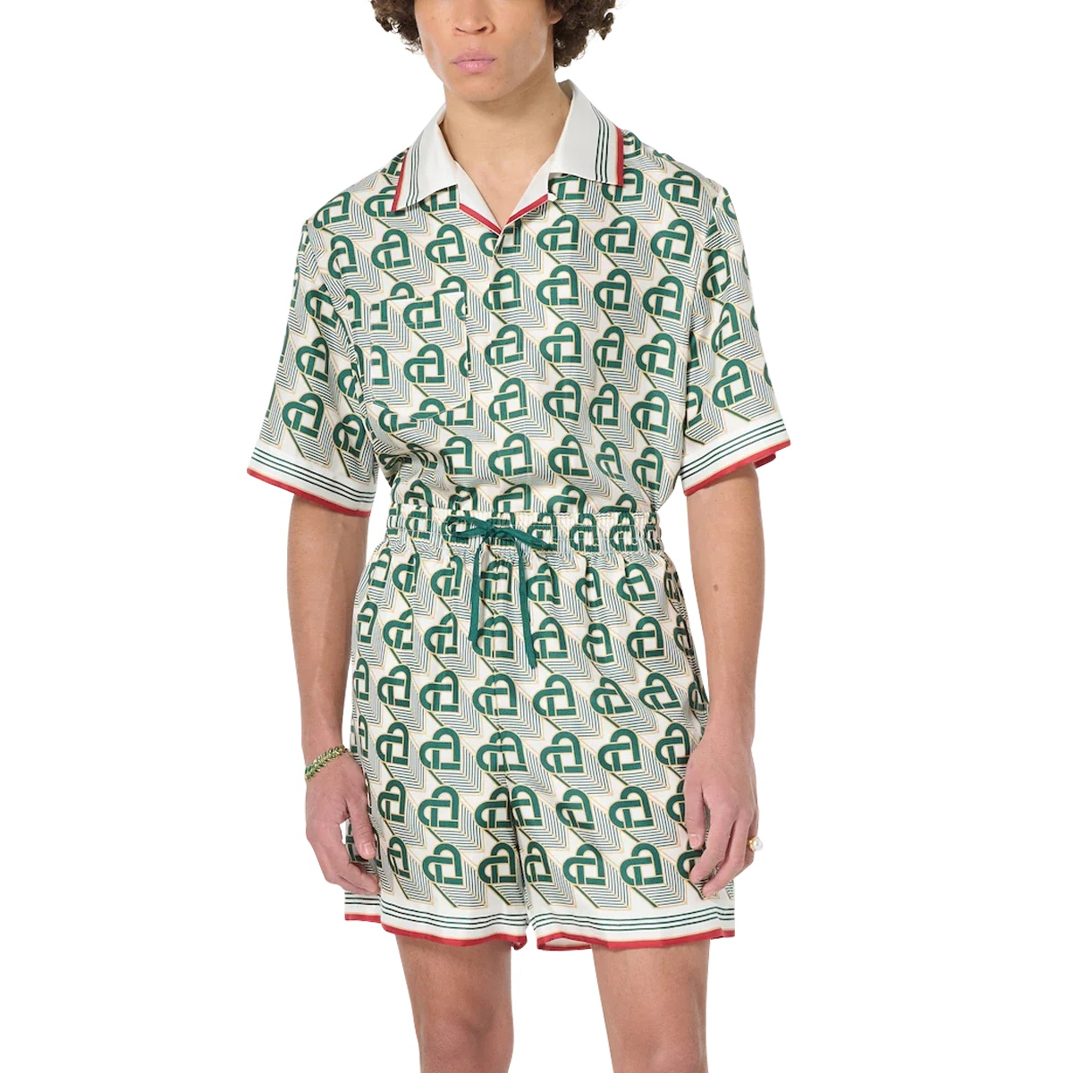 NIGO Casablanca Men's Summer Gradient Heart Printed Silk Short Sleeve Shirt Casual Elastic Lace-Up Shorts Ngvp #nigo74512