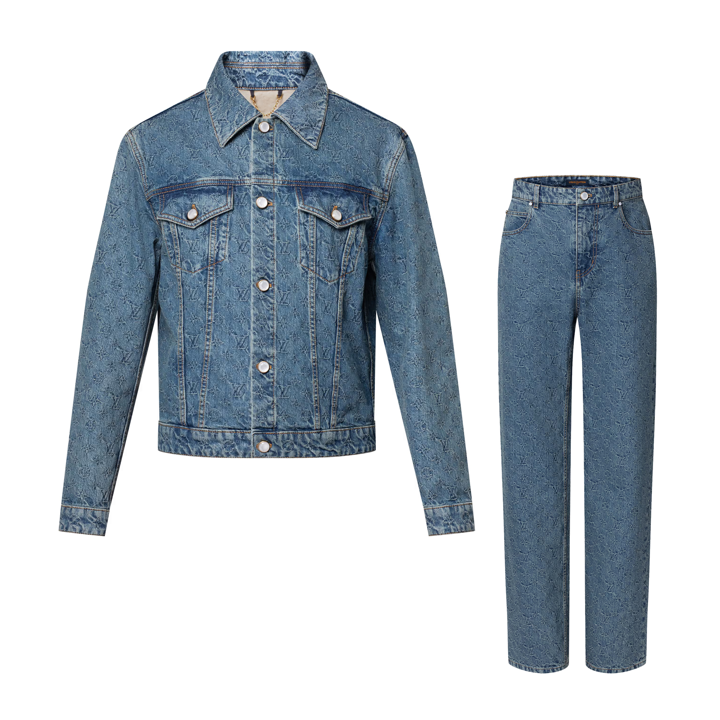 NIGO Louis Vuitton Men's Spring And Fall Embroidered Logo Single Breasted Long Sleeved Denim Jacket Mid Rise Jeans Pants Suit Set #nigo74496