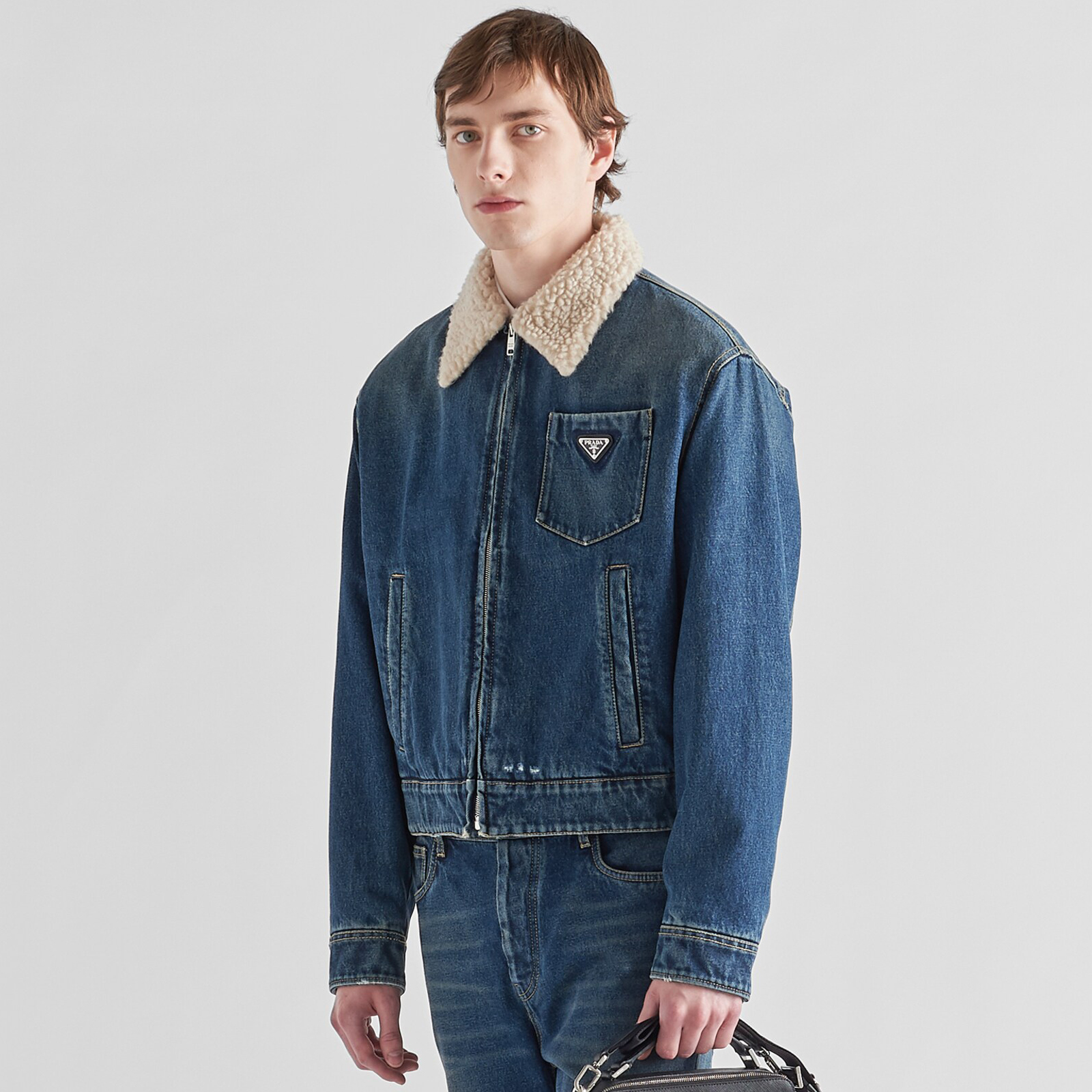 NIGO Prada Men's Autumn and Winter Solid Color Lambswool Lapel Long Sleeve Zipper Denim Jacket #nigo74495