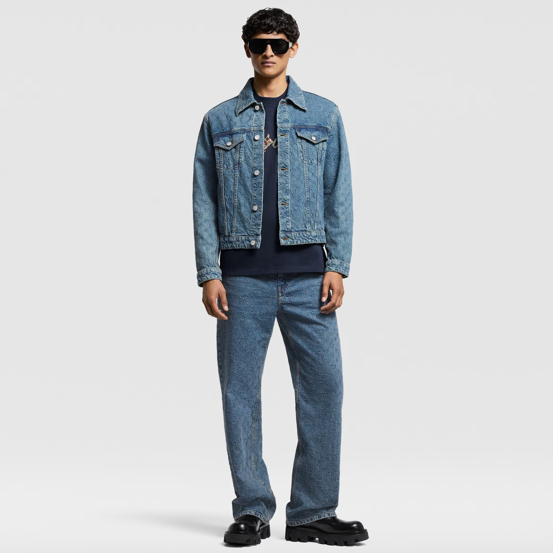 NIGO Louis Vuitton Men's Spring And Fall Embroidered Logo Single Breasted Long Sleeved Denim Jacket Mid Rise Jeans Pants Suit Set #nigo74496