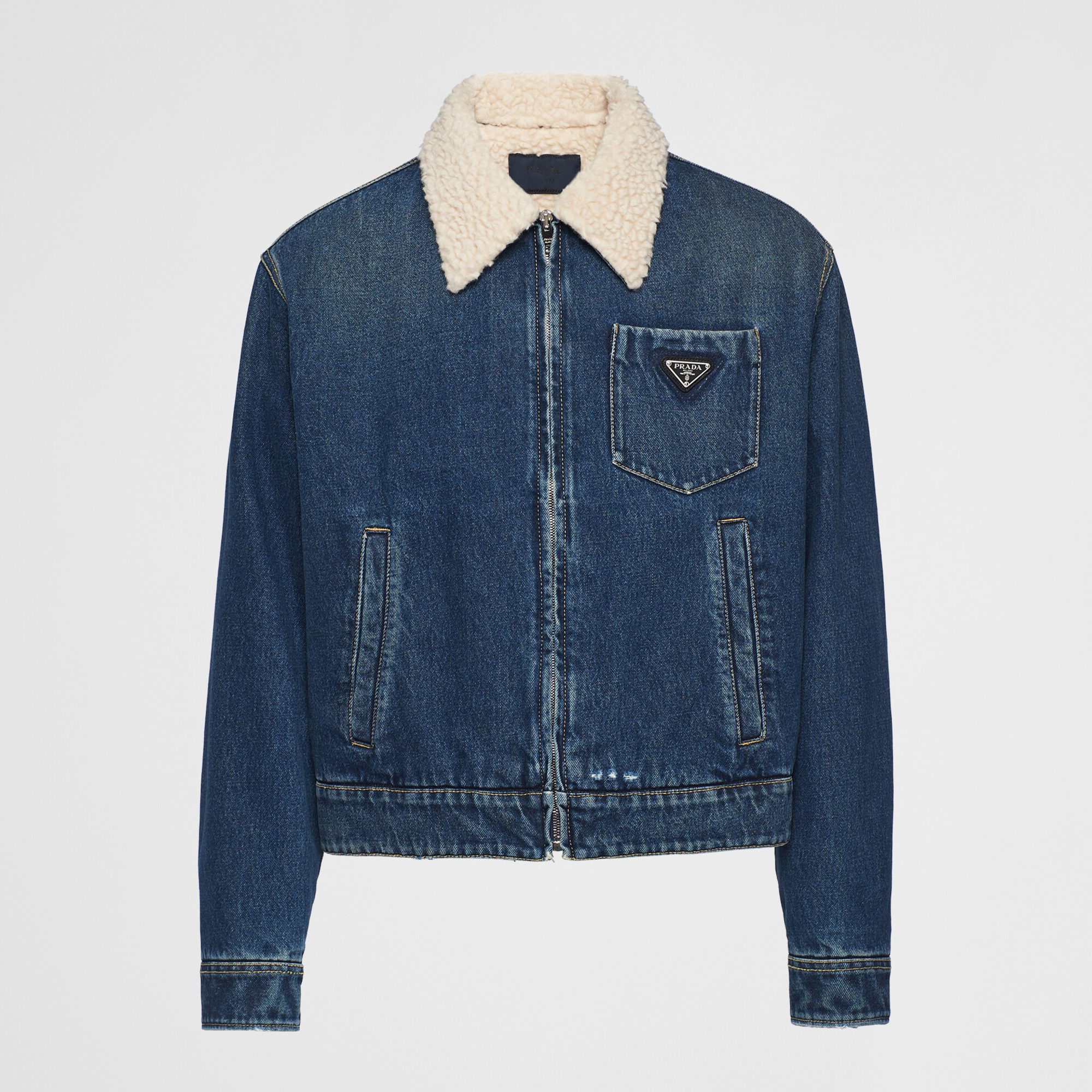 NIGO Prada Men's Autumn and Winter Solid Color Lambswool Lapel Long Sleeve Zipper Denim Jacket #nigo74495