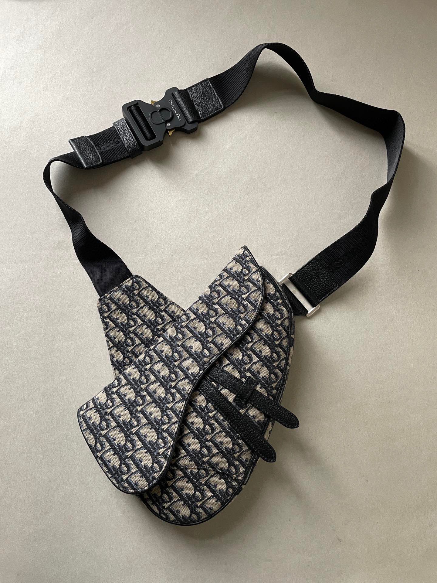 NIGO Dior Men's Black Embossed Pattern Magnetic Flap Leather Quilted Canvas Crossbody Bag Bags #nigo74515