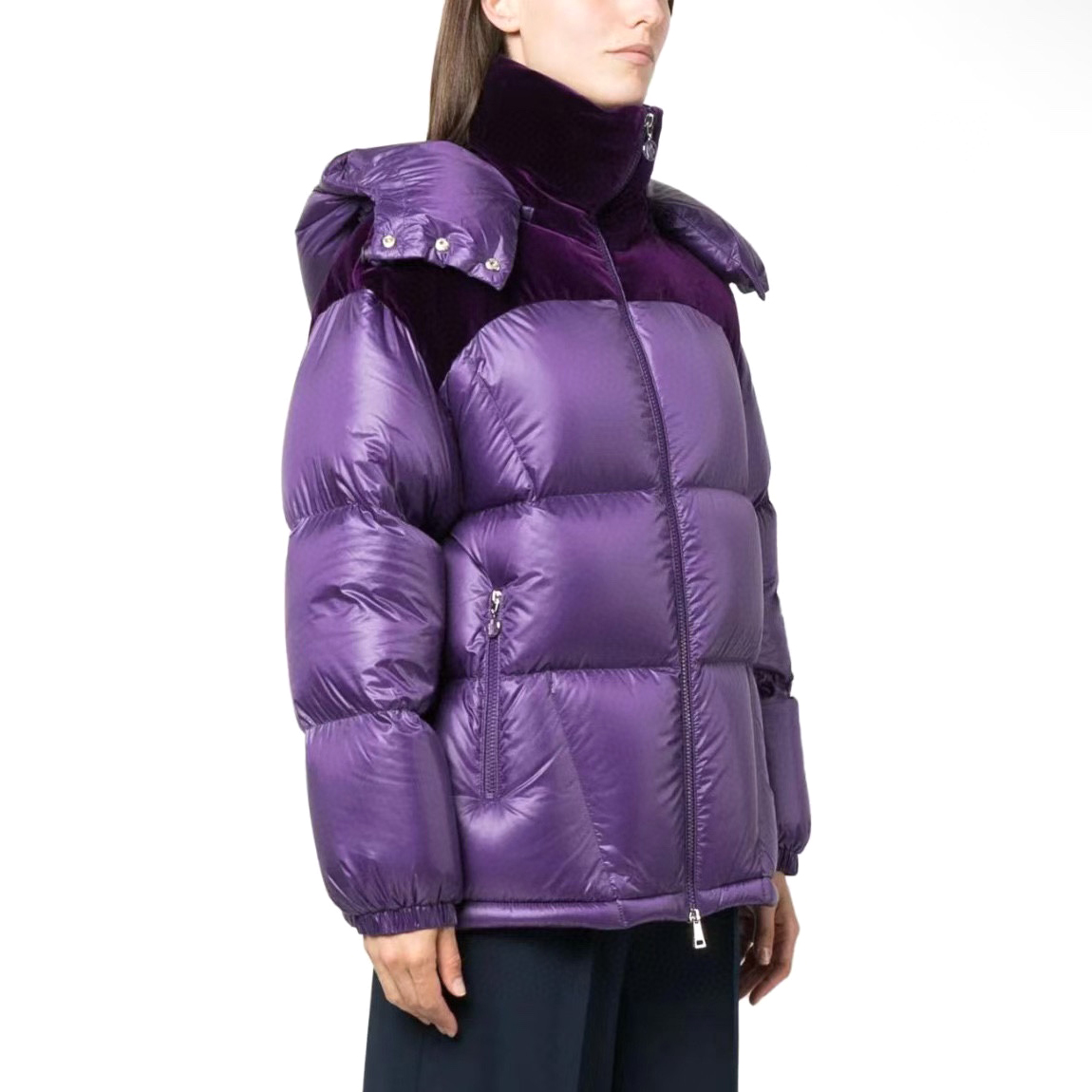 NIGO Moncler Women's Autumn and Winter Solid Color Splicing Fabric Removable Hood Zipper Puffer Down Long Sleeve Jacket #nigo74524