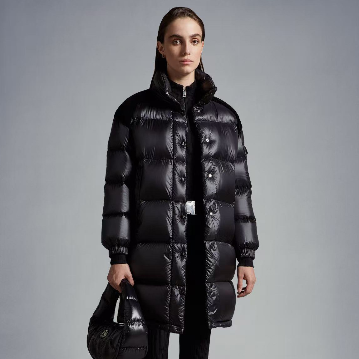 NIGO Moncler Women's Autumn and Winter Solid Color Splicing Fabric Standing Collar Long Zipper Puffer Down Long Sleeve Jacket #nigo74525