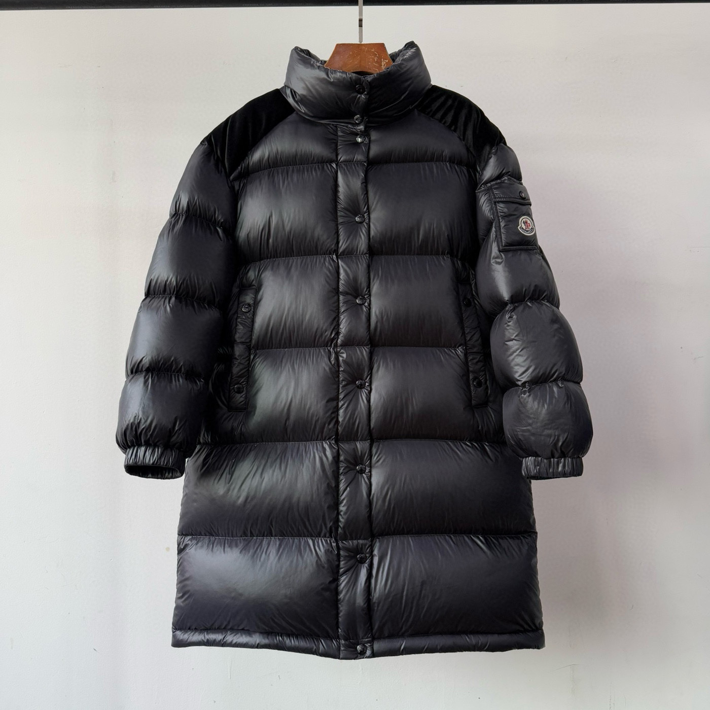 NIGO Moncler Women's Autumn and Winter Solid Color Splicing Fabric Standing Collar Long Zipper Puffer Down Long Sleeve Jacket #nigo74525