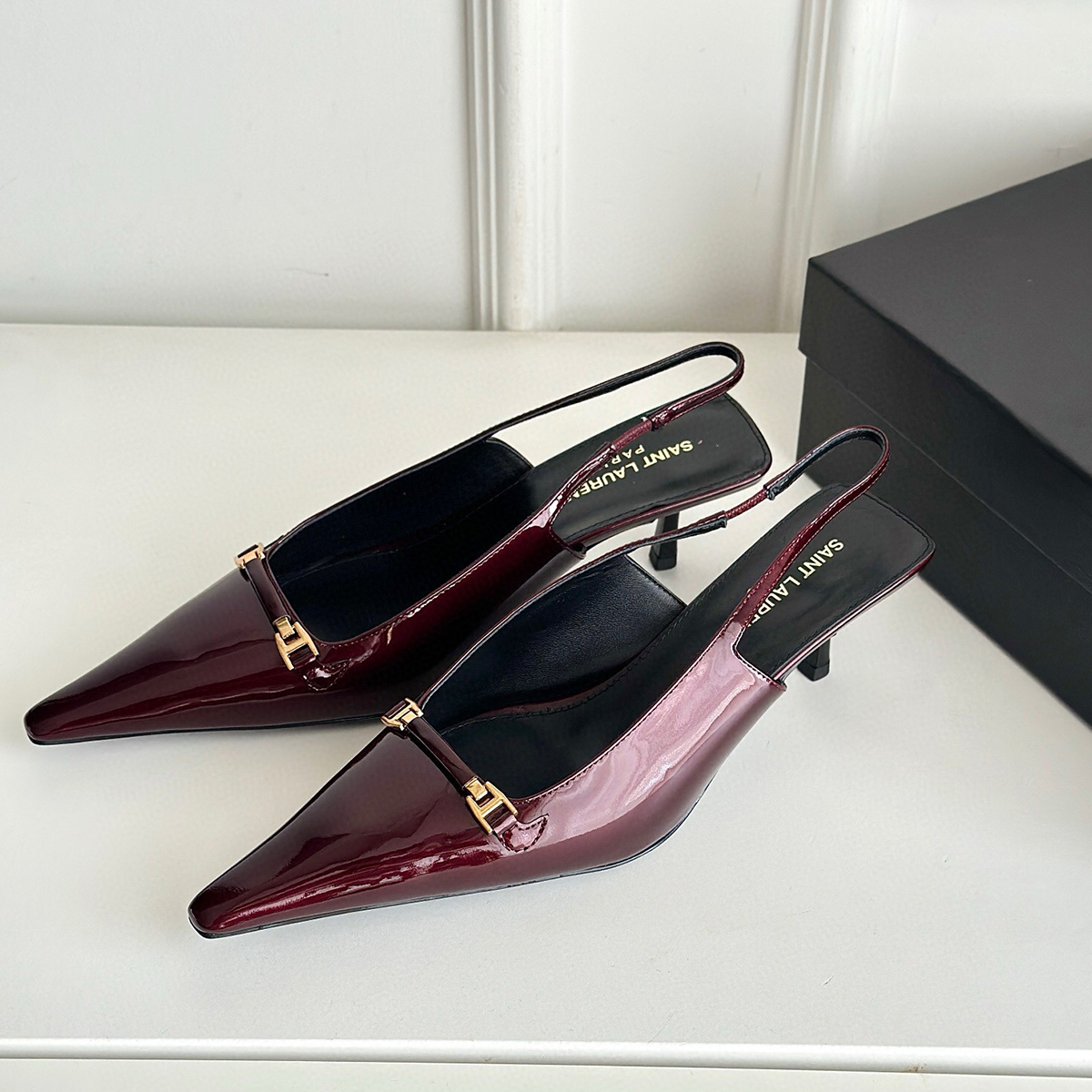 NIGO SAINT LAURENT Carine Patent Leather Open Heel High Heels Cowhide Pointed Red Sexy Temperament Elegant Shoes #nigo71791