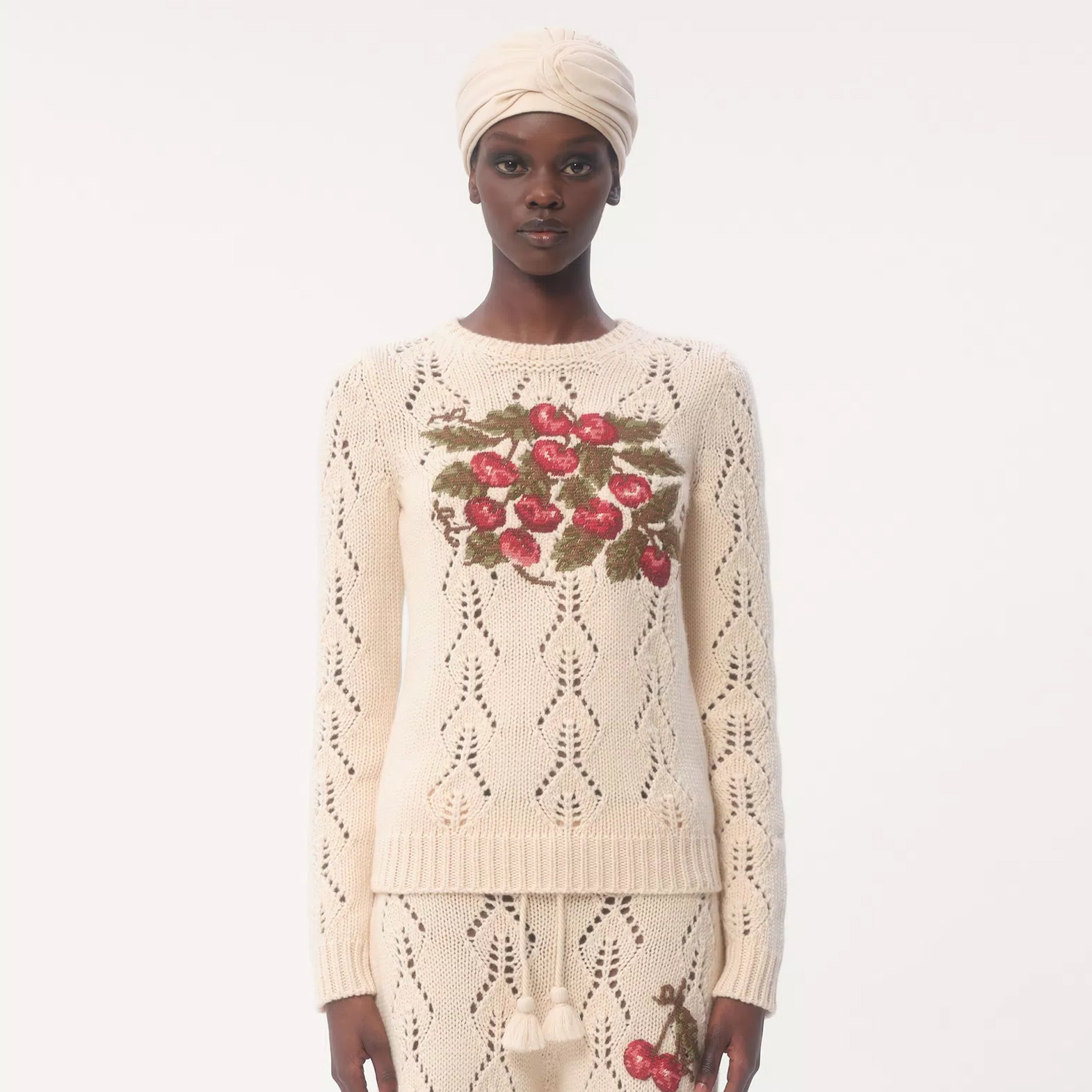 NIGO Valentino Women's Spring, Autumn And Winter Cherry Embroidery Round Neck Solid Color Fitted Long Sleeve Hollow Knit Wool Sweater Ngvp #nigo9725