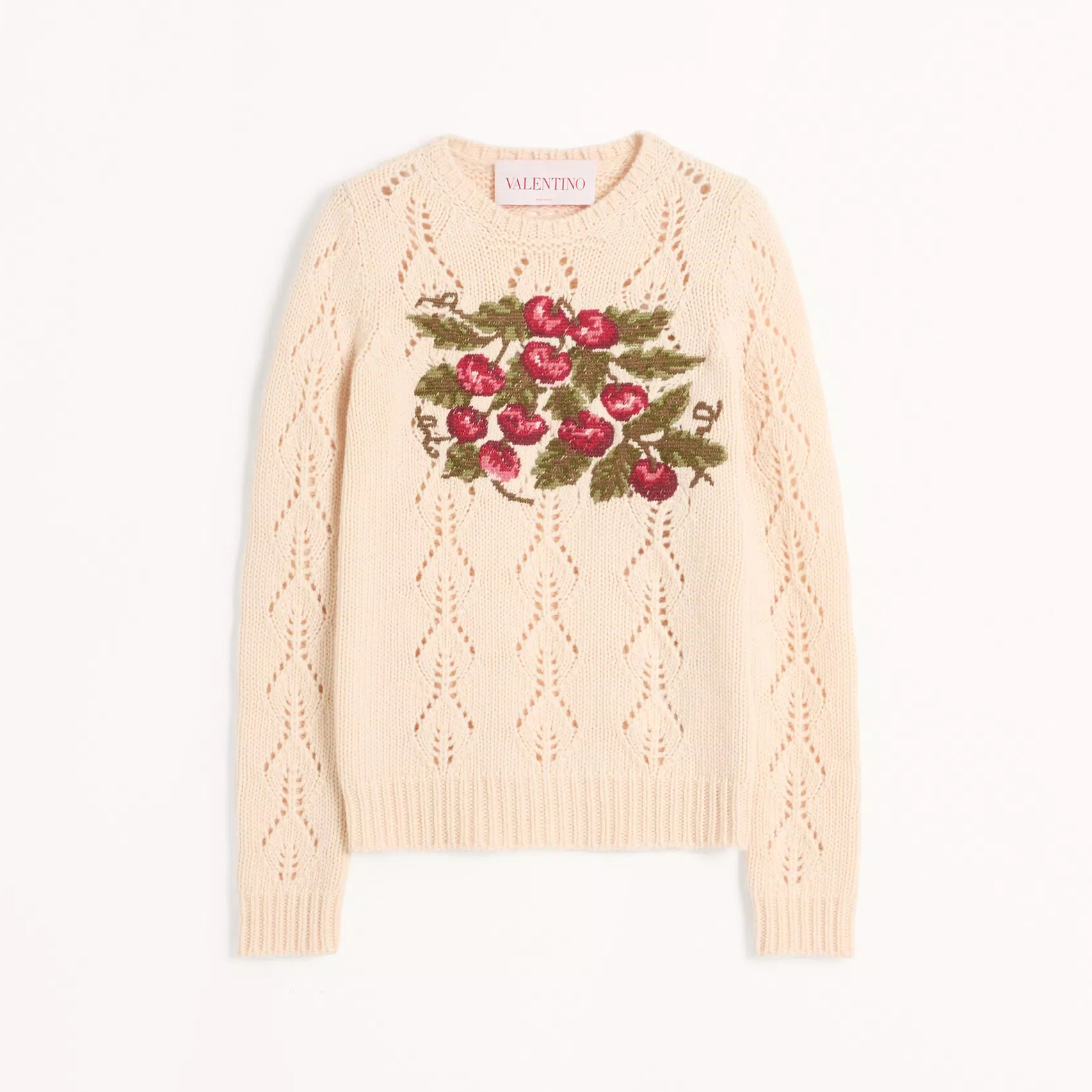 NIGO Valentino Women's Spring, Autumn And Winter Cherry Embroidery Round Neck Solid Color Fitted Long Sleeve Hollow Knit Wool Sweater Ngvp #nigo9725
