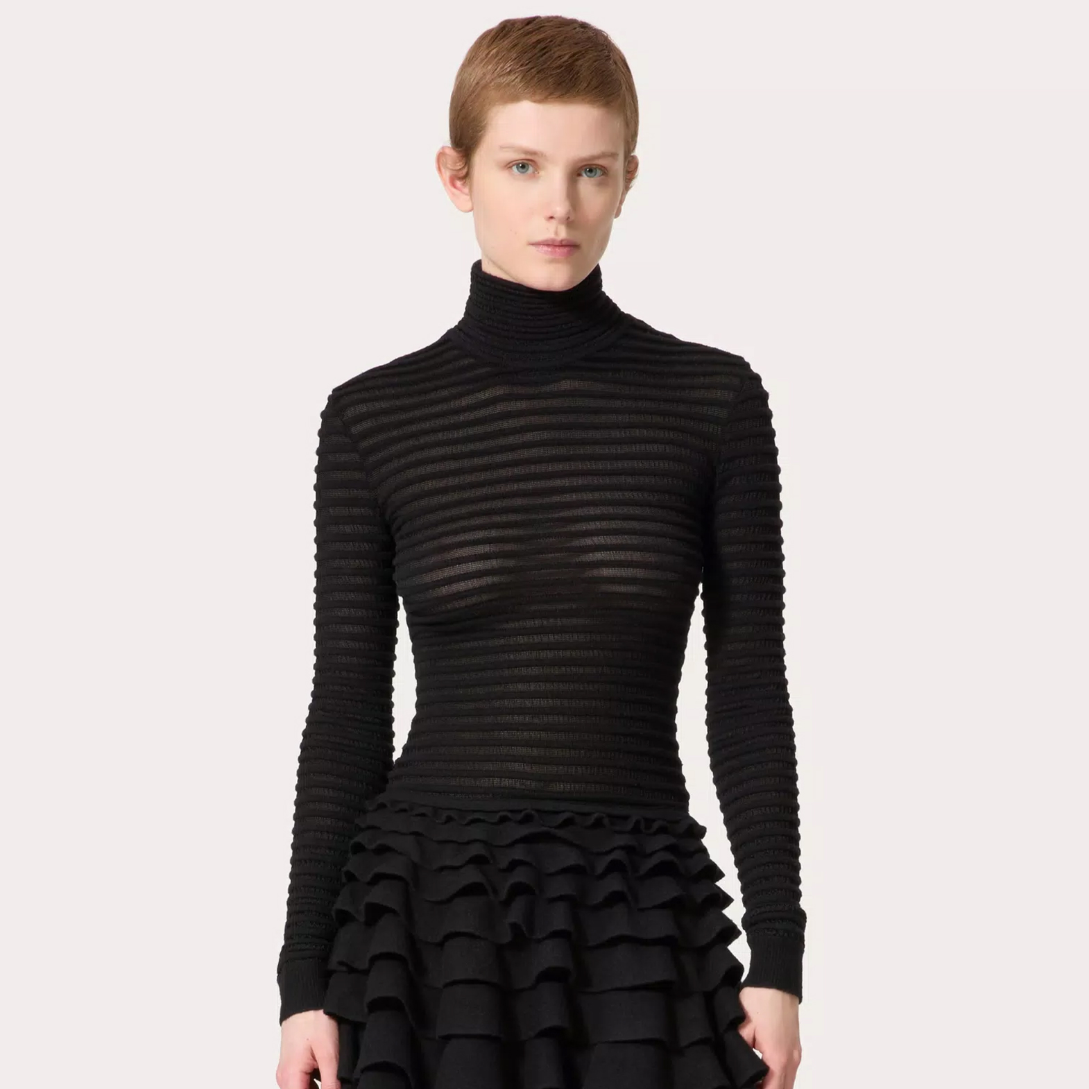 NIGO Valentino Women's Black Striped High Neck Zipper Viscose And Wool Spring Autumn Winter Slim Long Sleeve Sweater Ngvp #nigo9726