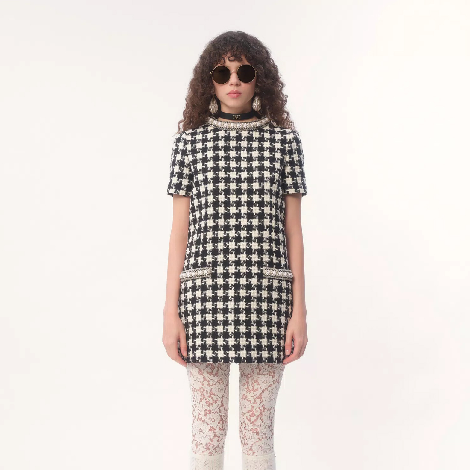 NIGO Valentino Women's Summer Embroidered Damir Light Tweed Rhinestone Round Neck Check Fitted Short Dresses Ngvp #nigo9733