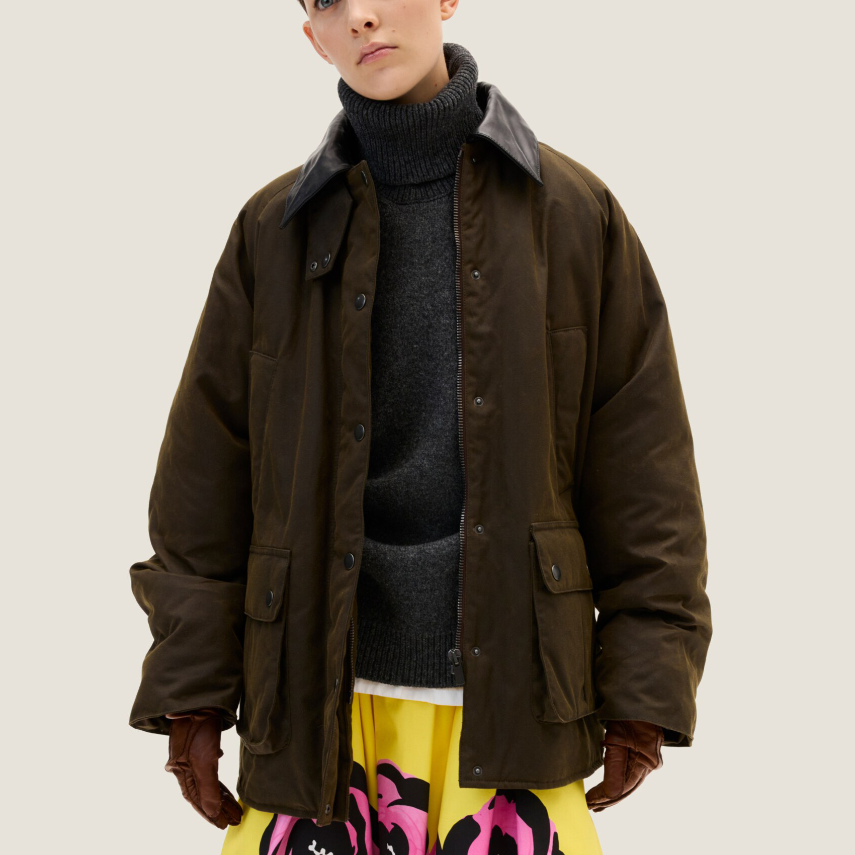 NIGO MiuMiu Women's Autumn and Winter Solid Color Leather Collar Waxed Canvas Waterproof Long Sleeve Cotton Jacket #nigo74536