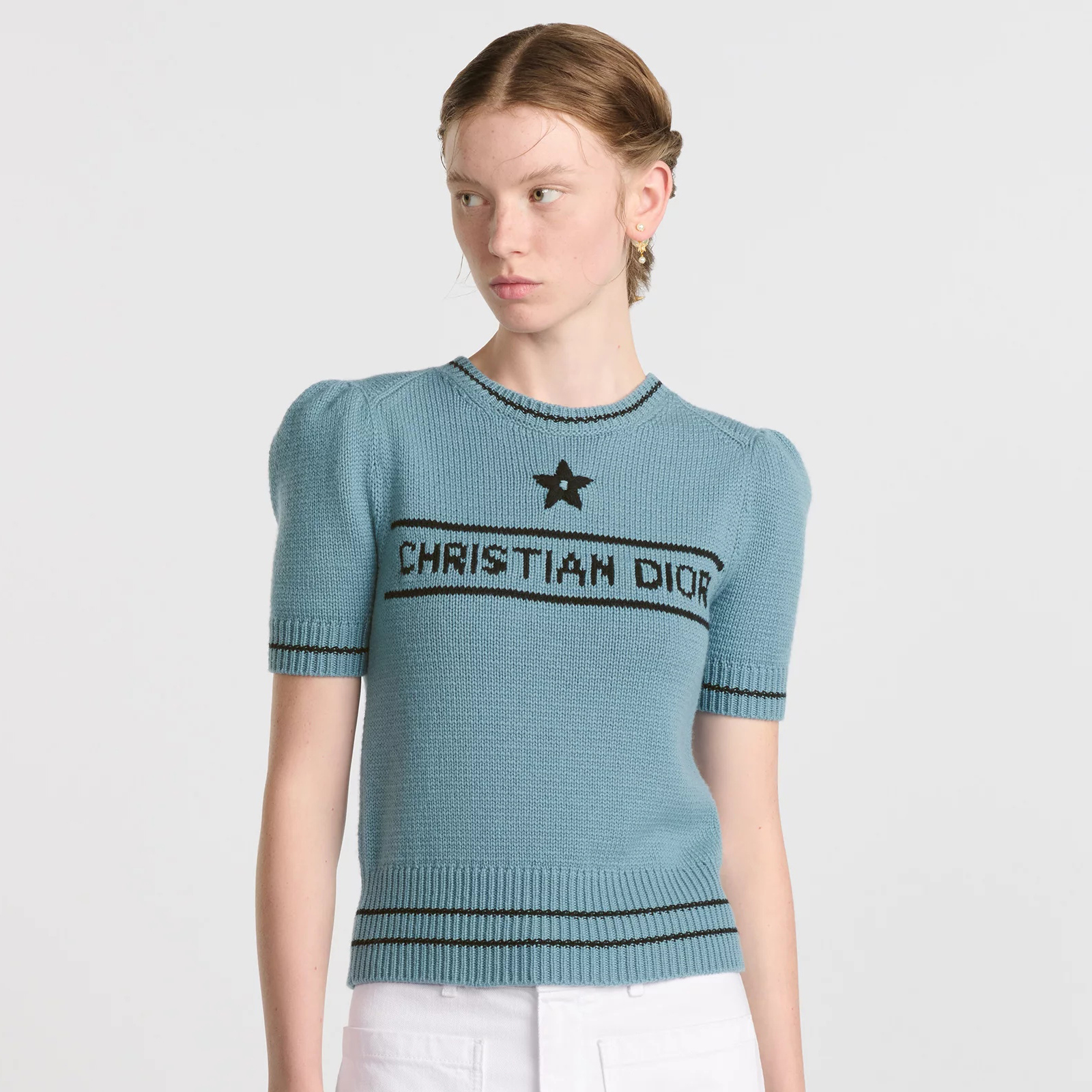 NIGO Dior Women's Summer White Logo Round Neck Cashmere Knit Short Sleeve T-Shirt #nigo74553