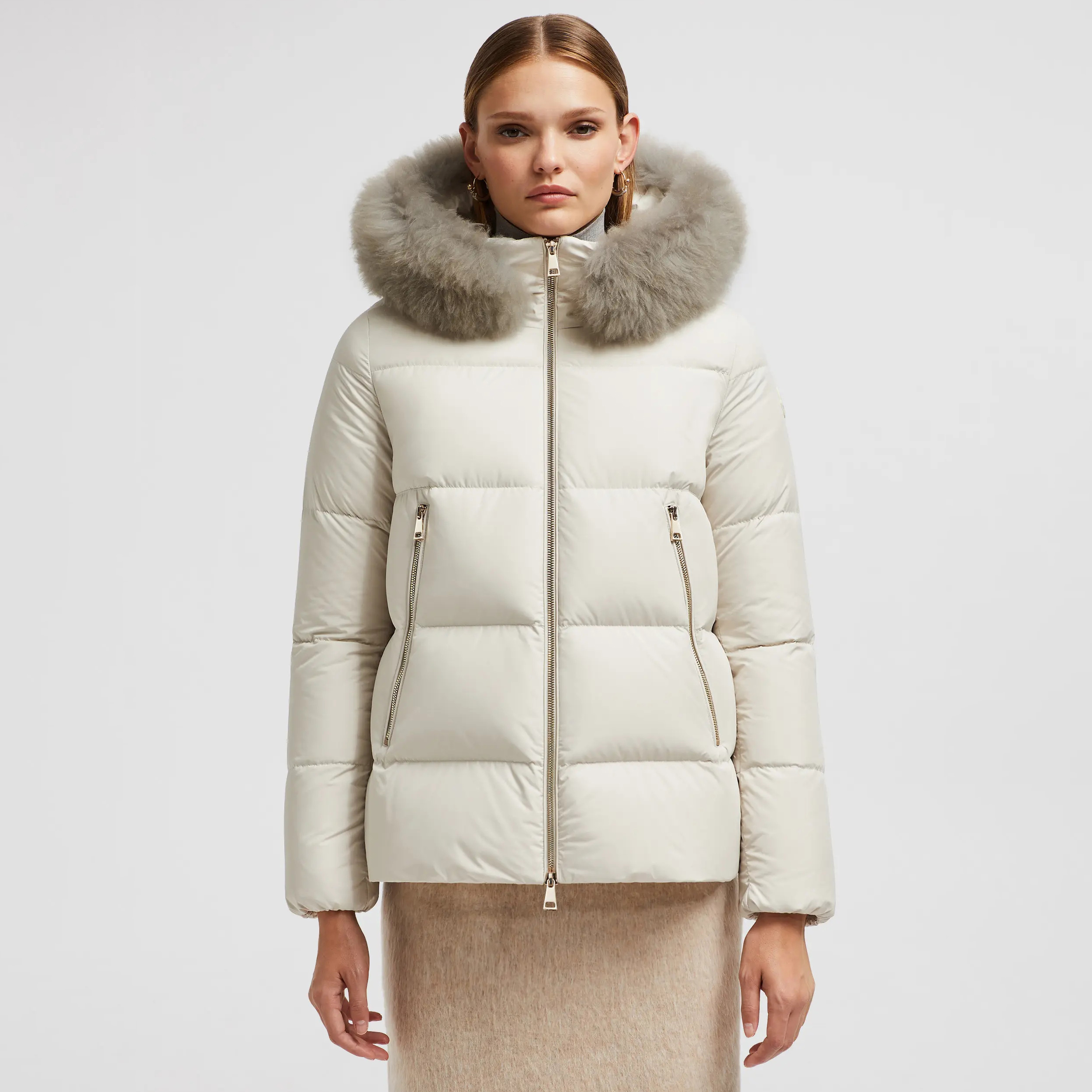 NIGO Moncler Women's Autumn and Winter Solid Color Hair Collar Short Pocket Zipper Long Sleeve Puffer Down Jacket #nigo74537