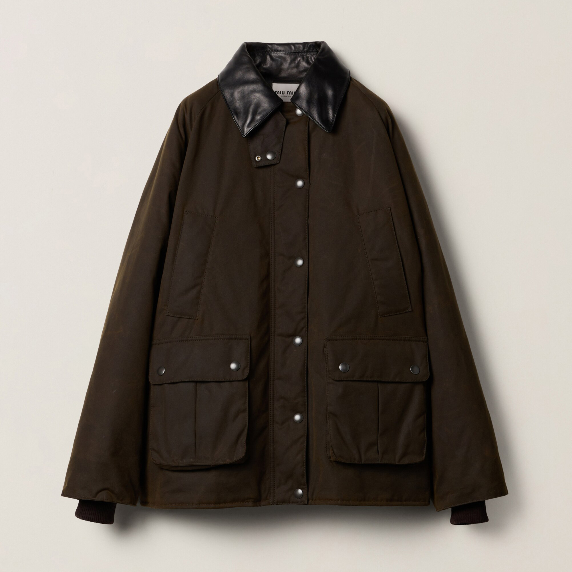 NIGO MiuMiu Women's Autumn and Winter Solid Color Leather Collar Waxed Canvas Waterproof Long Sleeve Cotton Jacket #nigo74536